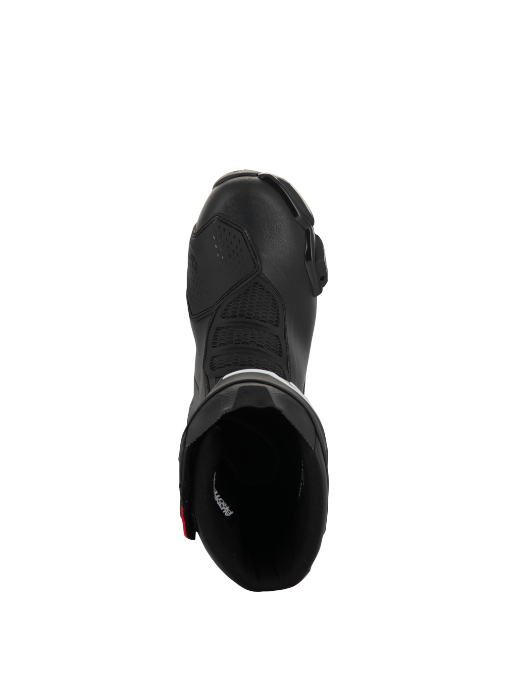 Alpinestars SMX-6 V3 Drystar Boots, Performance Motorcycle Boots, Black with red accents, top-down view looking into the boot opening, featuring textured flex zones and microfiber construction