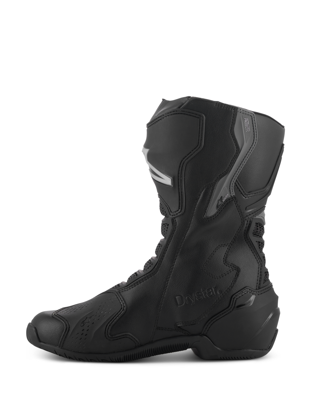 Alpinestars Stella SMX-6 V3 Drystar® Boots, Women's Waterproof Motorcycle Boots, Black and Silver, Side profile view featuring TPU shin and ankle protection, embossed Drystar logo, durable microfiber construction for sport and road riding.
