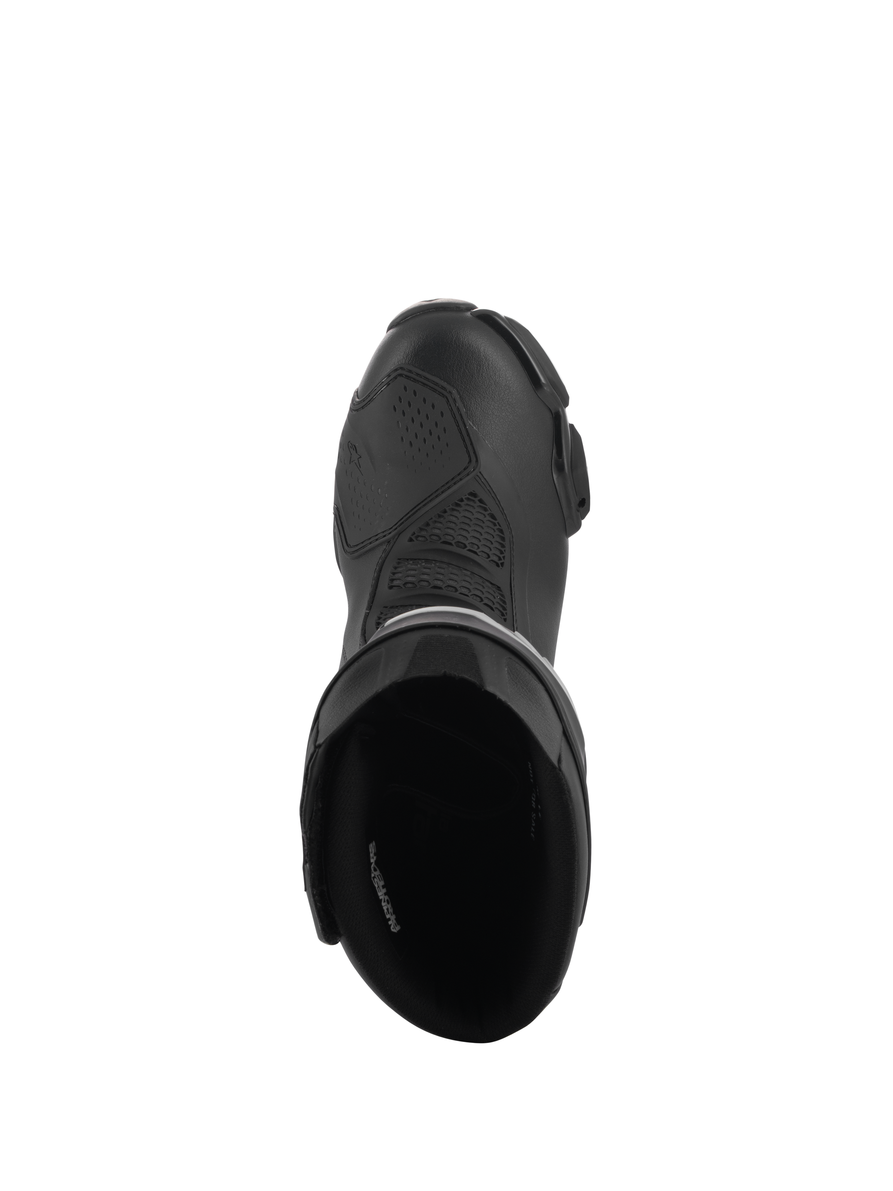 Alpinestars Stella SMX-6 V3 Drystar® Boots, Women's Performance Riding Boots, Black, top-down view showing the padded interior opening and the textured microfiber upper with a protective shifter pad