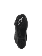 Alpinestars Stella SMX-6 V3 Drystar® Boots, bottom view of the black rubber sole, featuring a prominent white Alpinestars star logo, textured grip patterns for traction, and a streamlined design for motorcycle control.