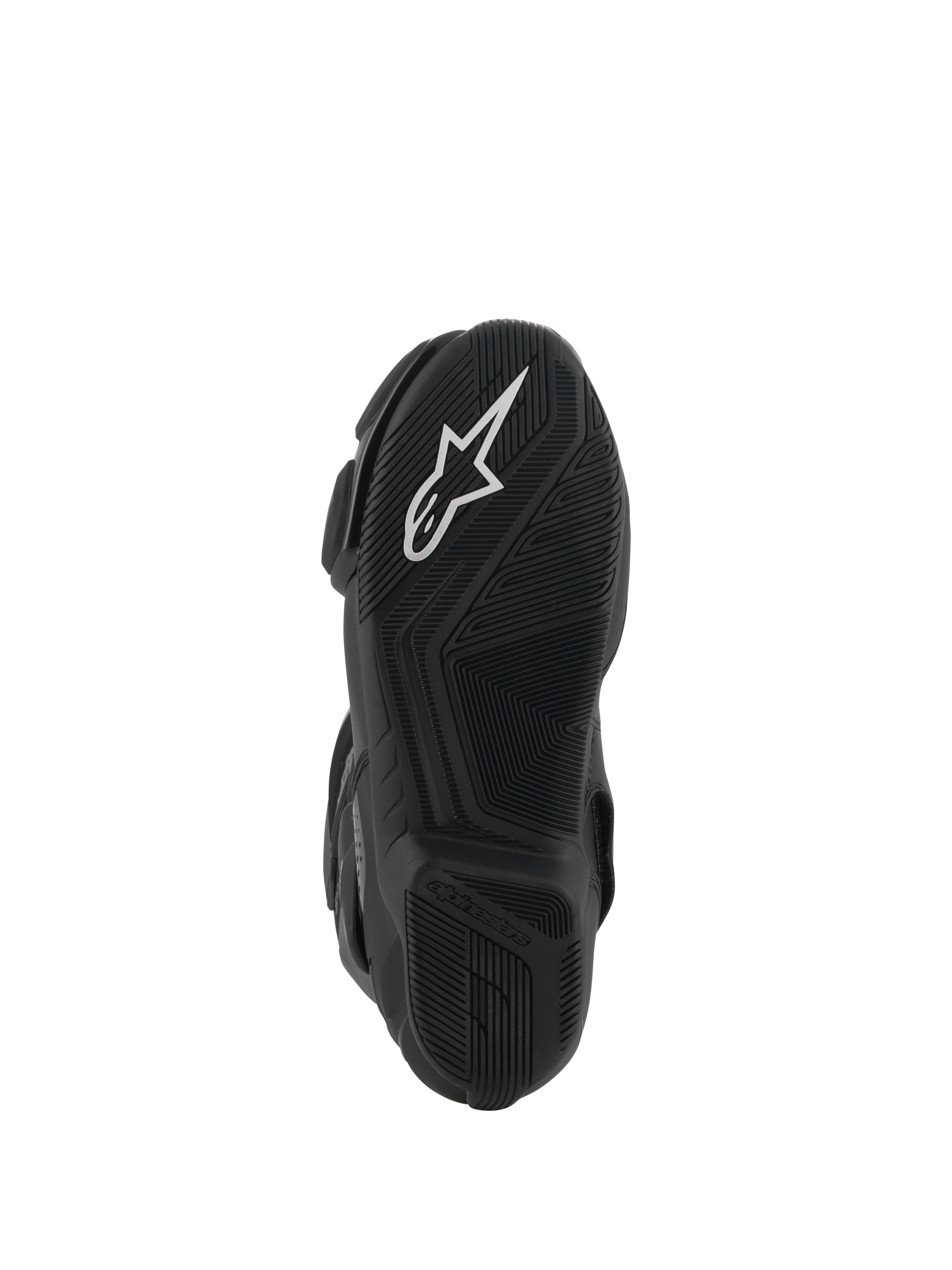 Alpinestars Stella SMX-6 V3 Drystar® Boots, bottom view of the black rubber sole, featuring a prominent white Alpinestars star logo, textured grip patterns for traction, and a streamlined design for motorcycle control.