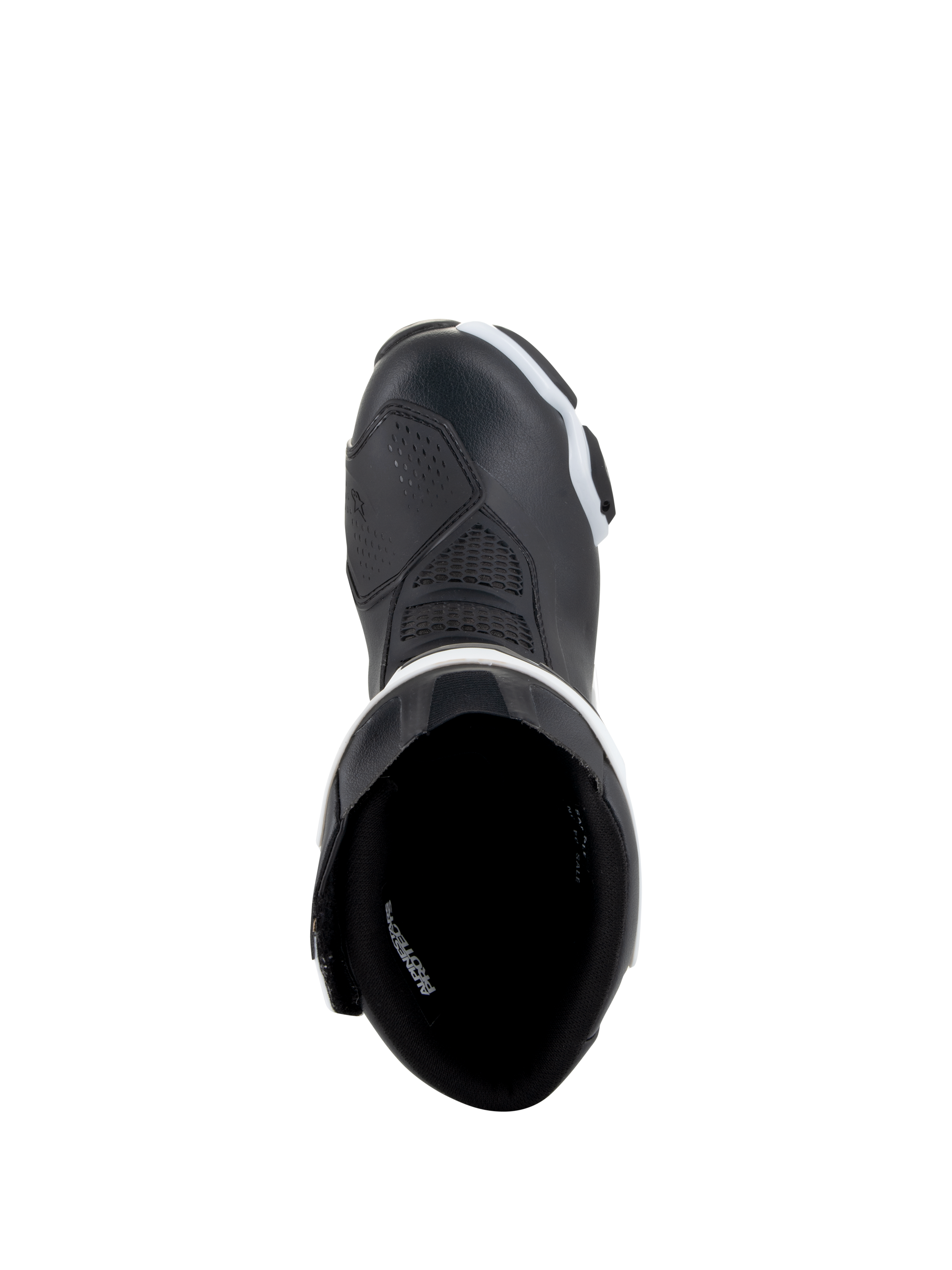 Alpinestars Stella SMX-6 V3 Drystar® Boots, Women's Motorcycle Boots, Black and White, top-down view showing interior lining and reinforced toe, waterproof microfiber construction for track and street riding