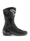 Alpinestars SMX S Waterproof Boots, Black motorcycle boots, side profile view featuring white logos on the shin and heel, textured accordion flex panels, durable microfiber construction, and waterproof branding, sleek sport-touring footwear