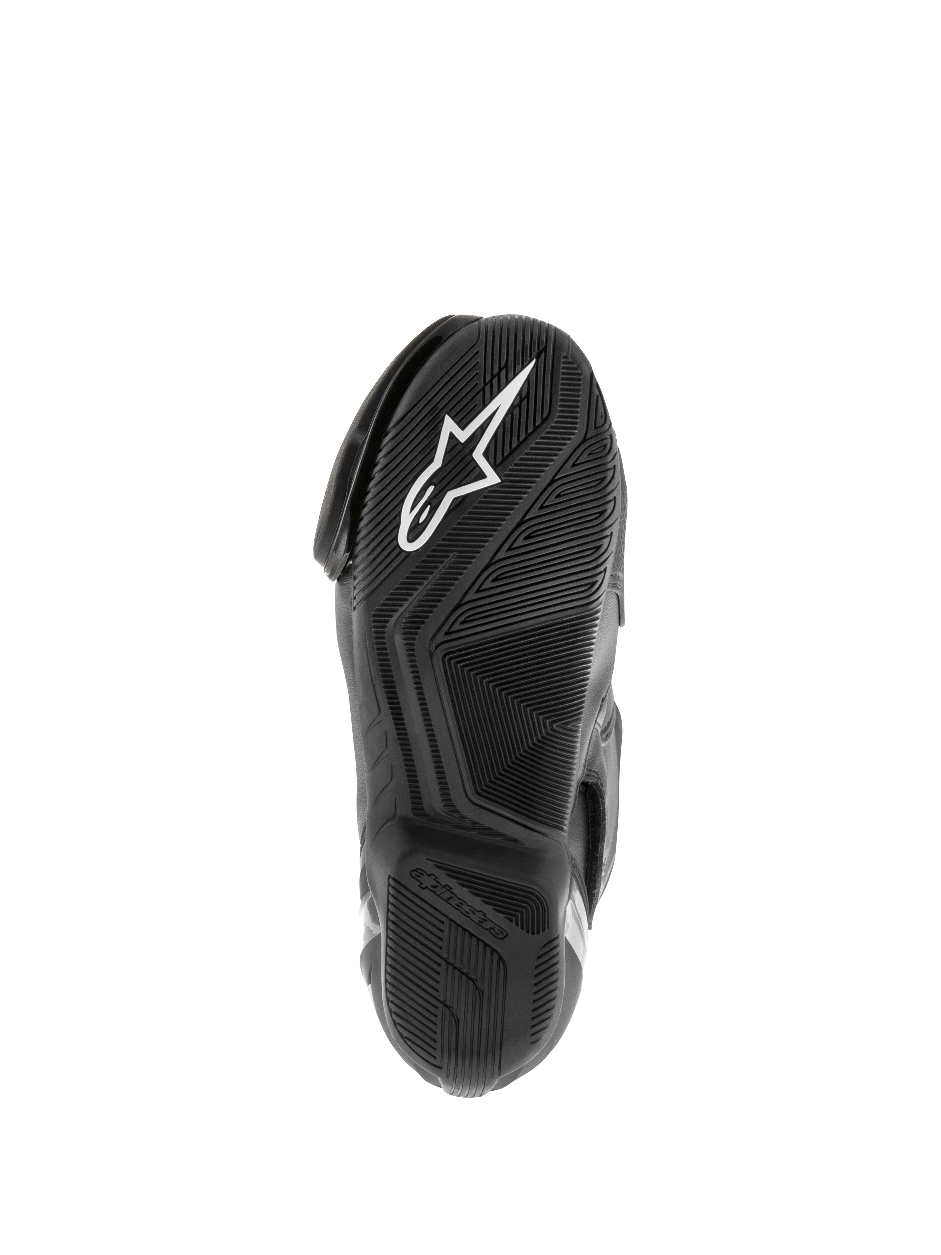 Alpinestars SMX S Waterproof Boots, Motorcycle Boots, Black, view of the textured rubber sole with white Astar logo and water-dispersing tread pattern