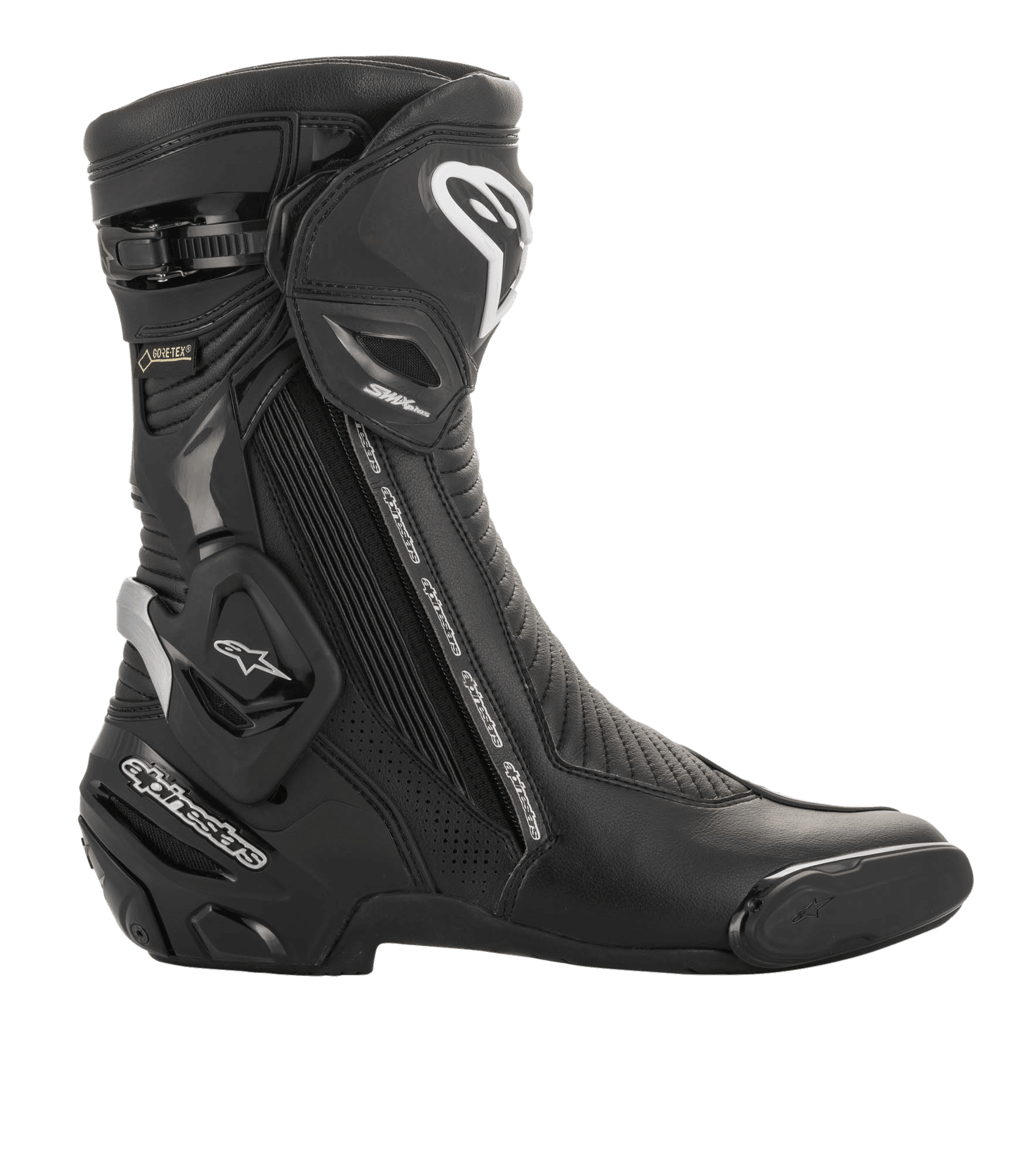 Alpinestars SMX Plus V2 GORE-TEX Boot, Motorcycle Sport Footwear, Black and Silver, side view featuring white Alpinestars logo, protective shin plate, and GORE-TEX branding, designed for high-performance racing and road riding.