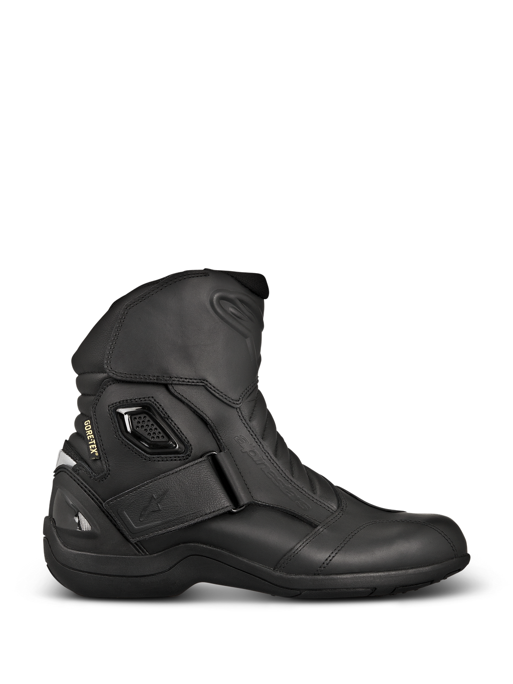 Alpinestars New Land GORE-TEX Boots, Black motorcycle touring boots, side profile featuring full-grain leather, Velcro ankle strap, GORE-TEX branding, and reinforced heel for waterproof protection.