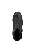 Alpinestars New Land GORE-TEX Boots, Black, top-down view, featuring full-grain leather construction, front accordion flex zones, and a reinforced shift pad, mid-length waterproof road touring motorcycle boots