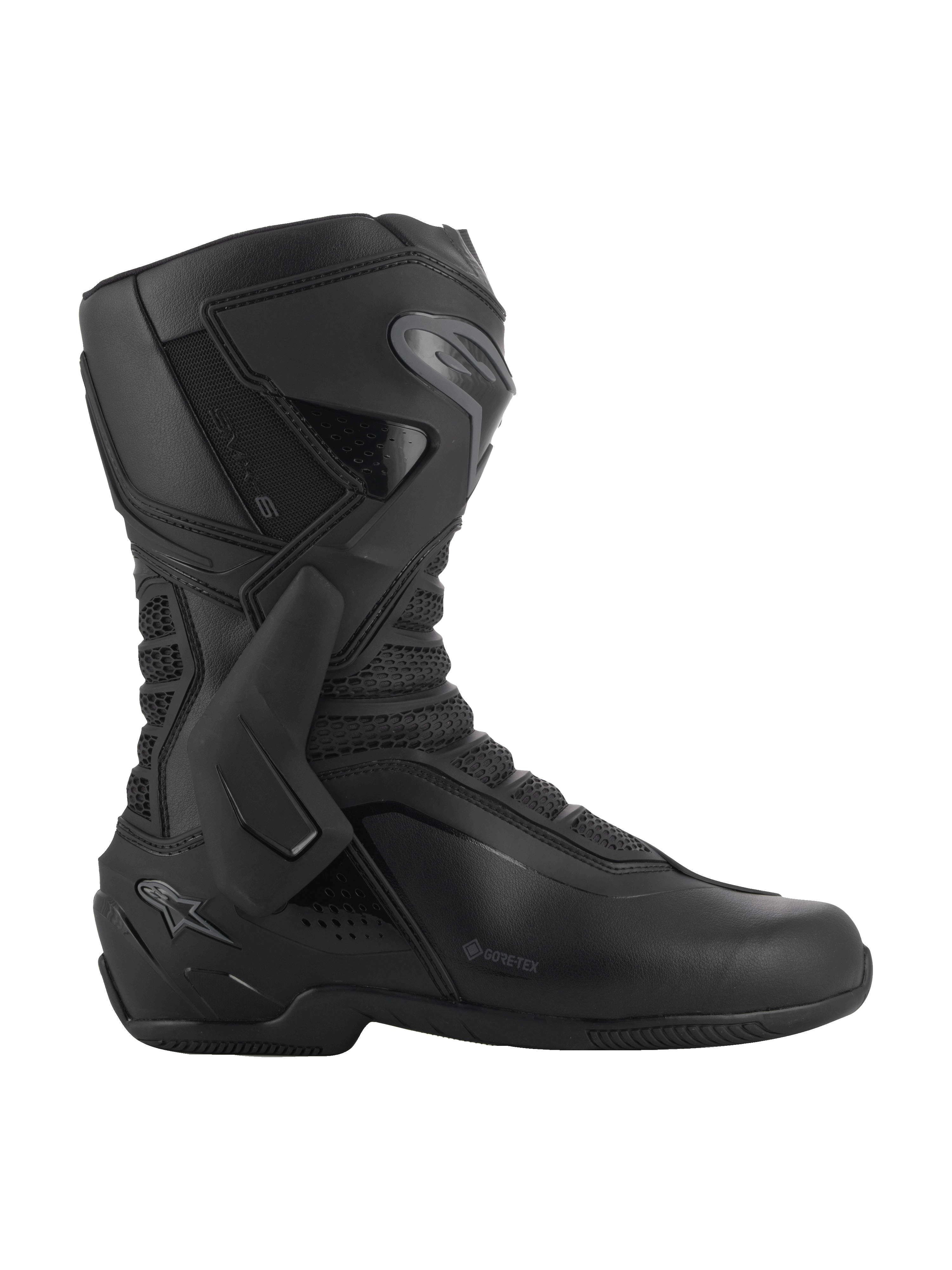 Alpinestars SMX-6 V3 GORE-TEX Boots, Black and Dark Gray, waterproof performance riding boots, featuring lateral TPU ankle brace and shin plate, ergonomic microfiber construction with 3D mesh panels, GORE-TEX logo on the side, specialized footwear for track and street performance