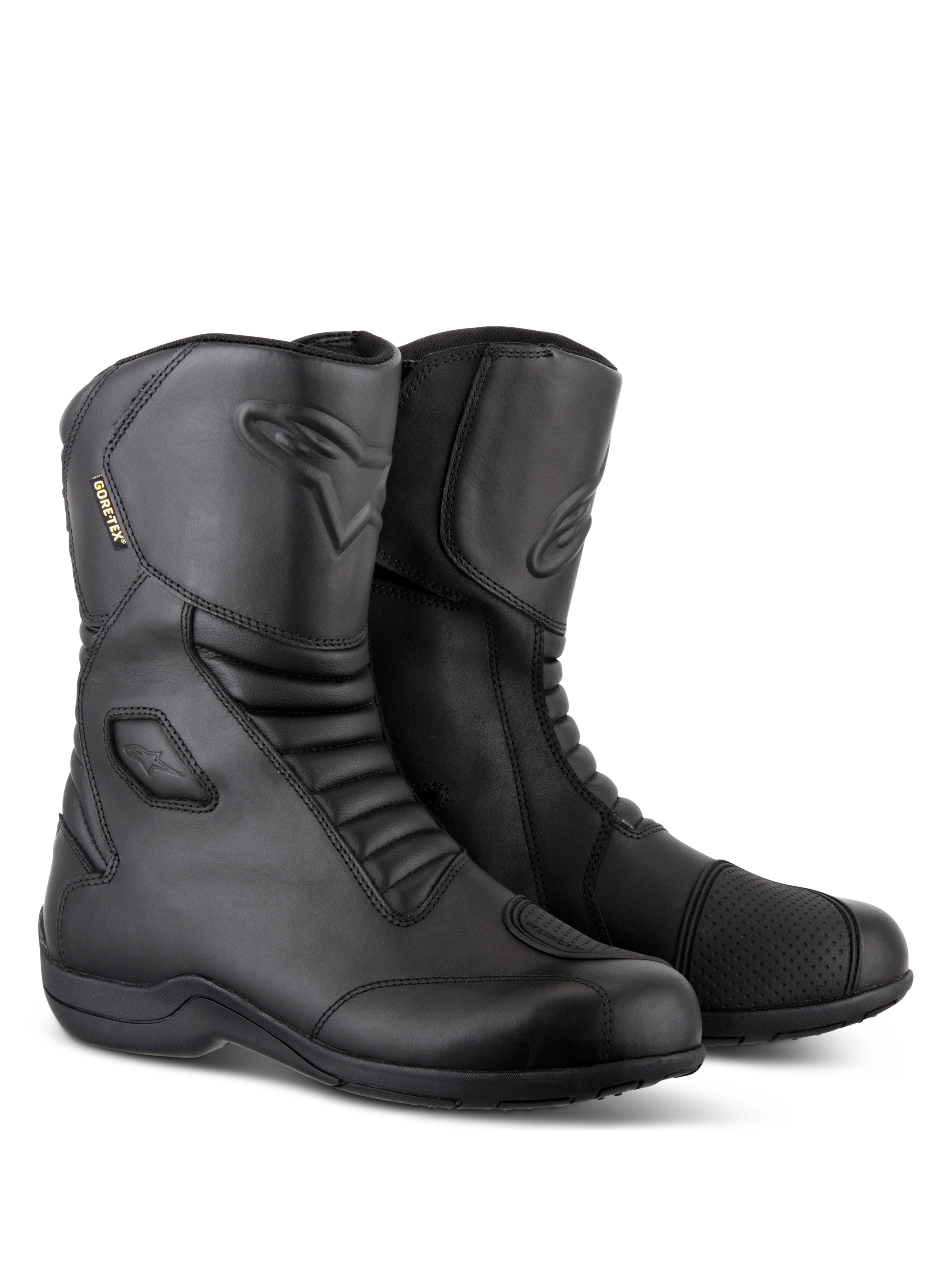 Alpinestars Web GORE-TEX Boots, Black waterproof motorcycle touring boots, leather construction with front and rear accordion flex zones, reinforced shift pad, and side-entry design for road riding.