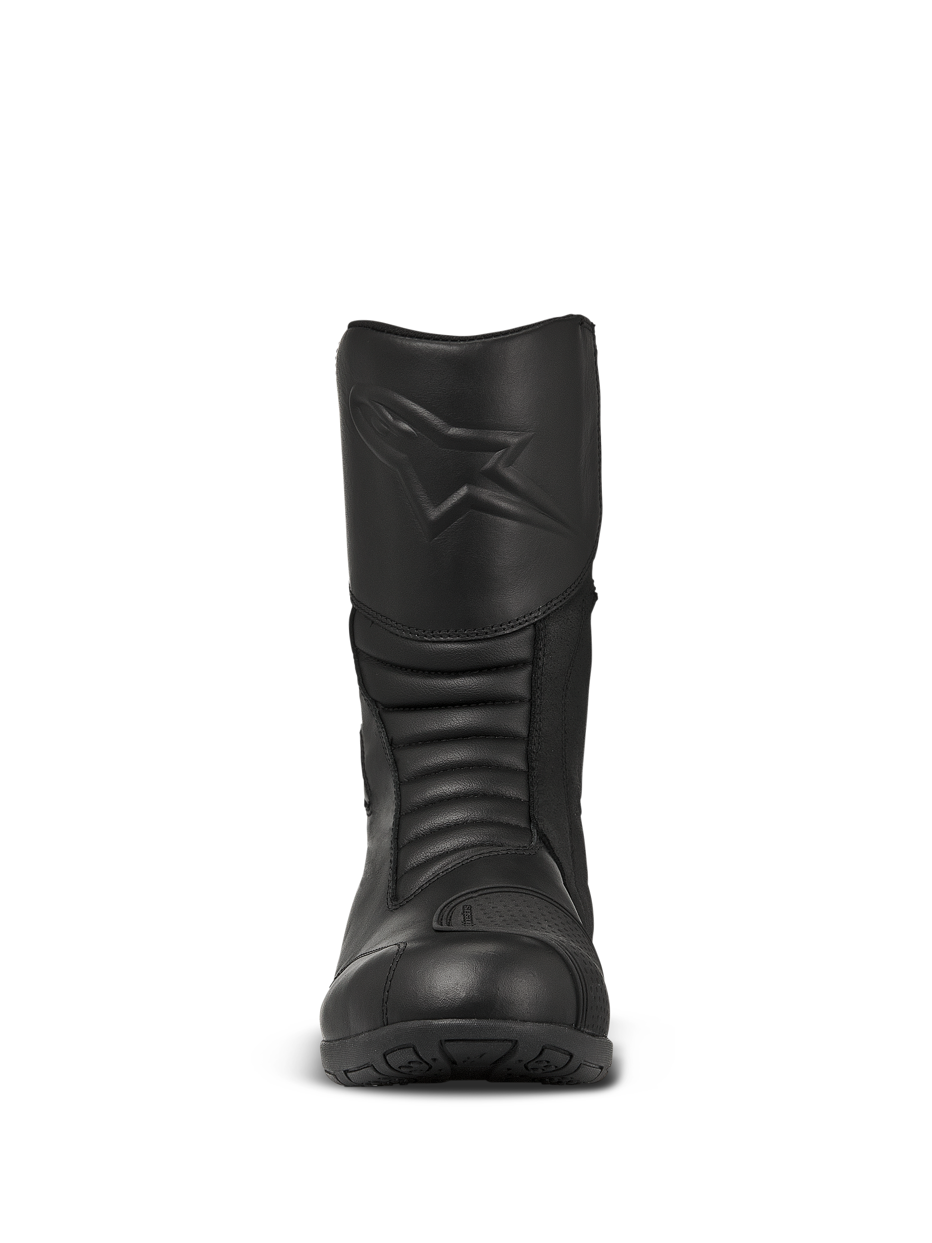 Alpinestars Web GORE-TEX Boots, Black Touring Motorcycle Boots, front-facing view featuring an embossed star logo on the shin, accordion flex zones for maneuverability, and durable leather construction.