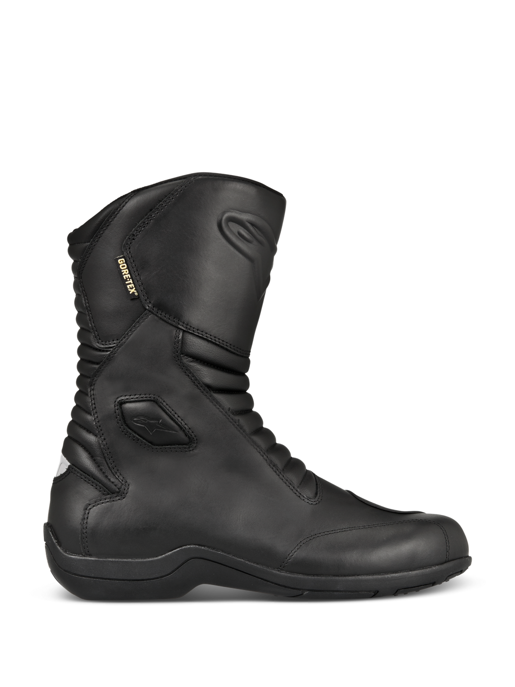 Alpinestars Web GORE-TEX Boots, Black Leather Motorcycle Touring Boots, side profile view, waterproof GORE-TEX lining, reinforced ankle and toe protection, front and back accordion flex panels, durable rubber sole, sleek all-weather road gear