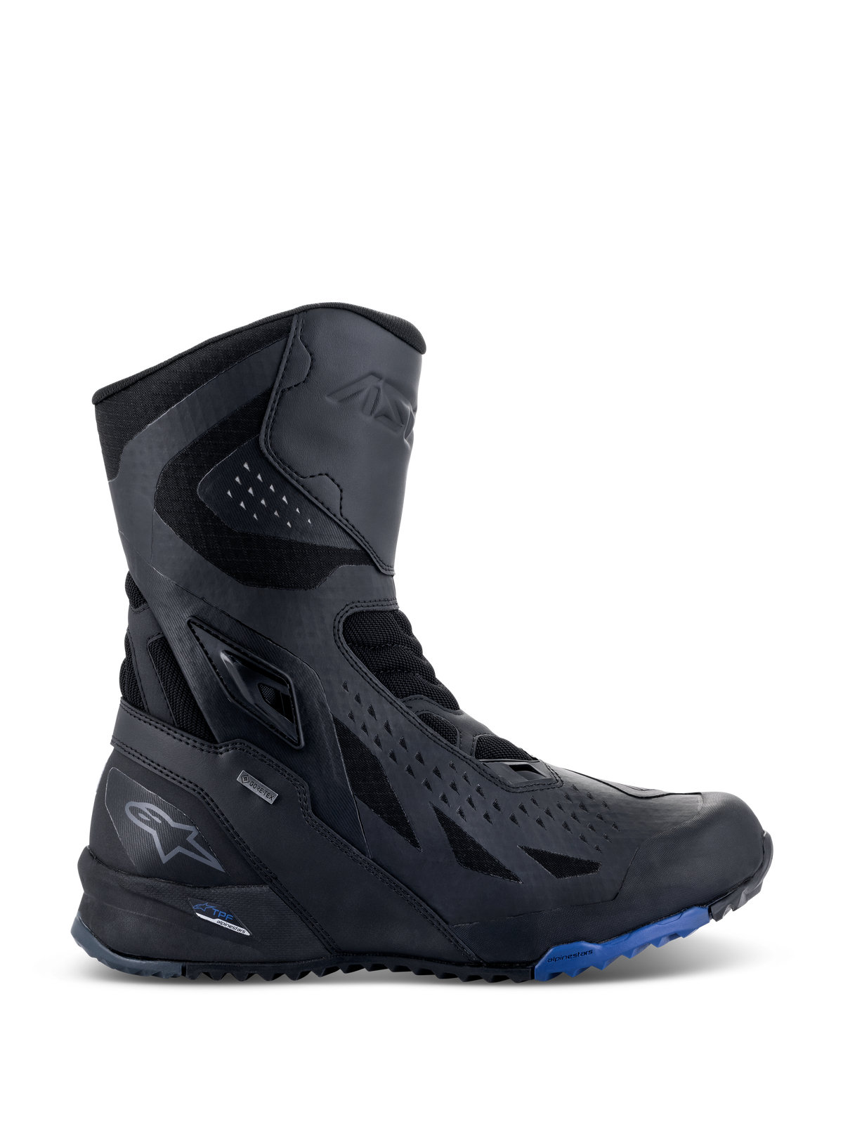 Alpinestars RT-8 GORE-TEX Boots, Motorcycle Touring Boots, Black with Blue sole accents, featuring a high-top technical design with microfiber and textile upper, triangular perforations, GORE-TEX branding, and rugged sole.