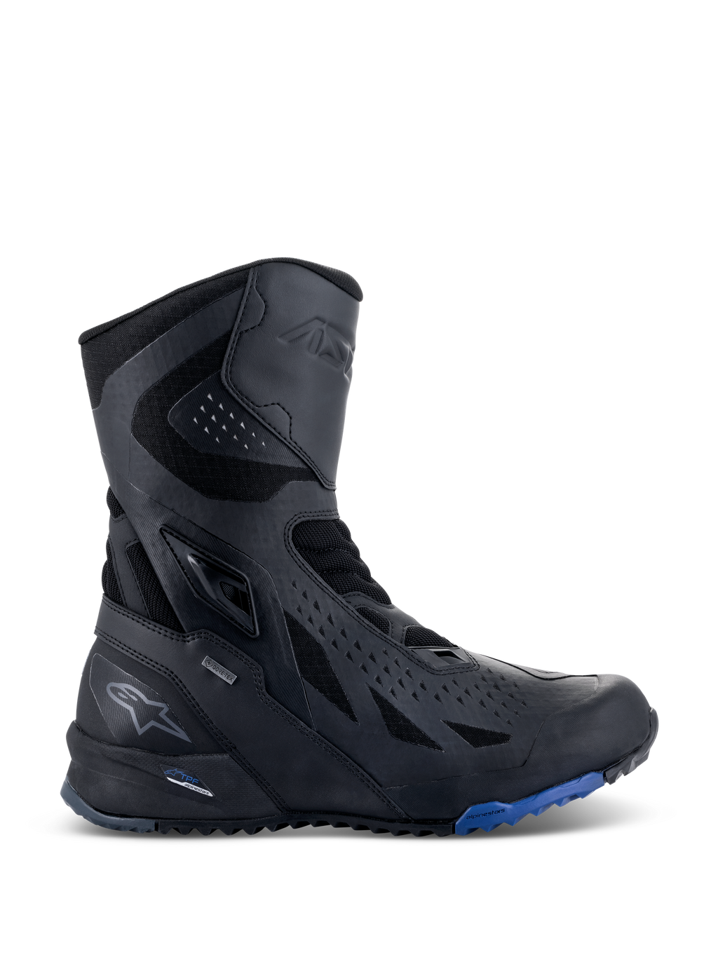 Alpinestars RT-8 GORE-TEX Boots, Motorcycle Touring Boots, Black with Blue sole accents, featuring a high-top technical design with microfiber and textile upper, triangular perforations, GORE-TEX branding, and rugged sole.