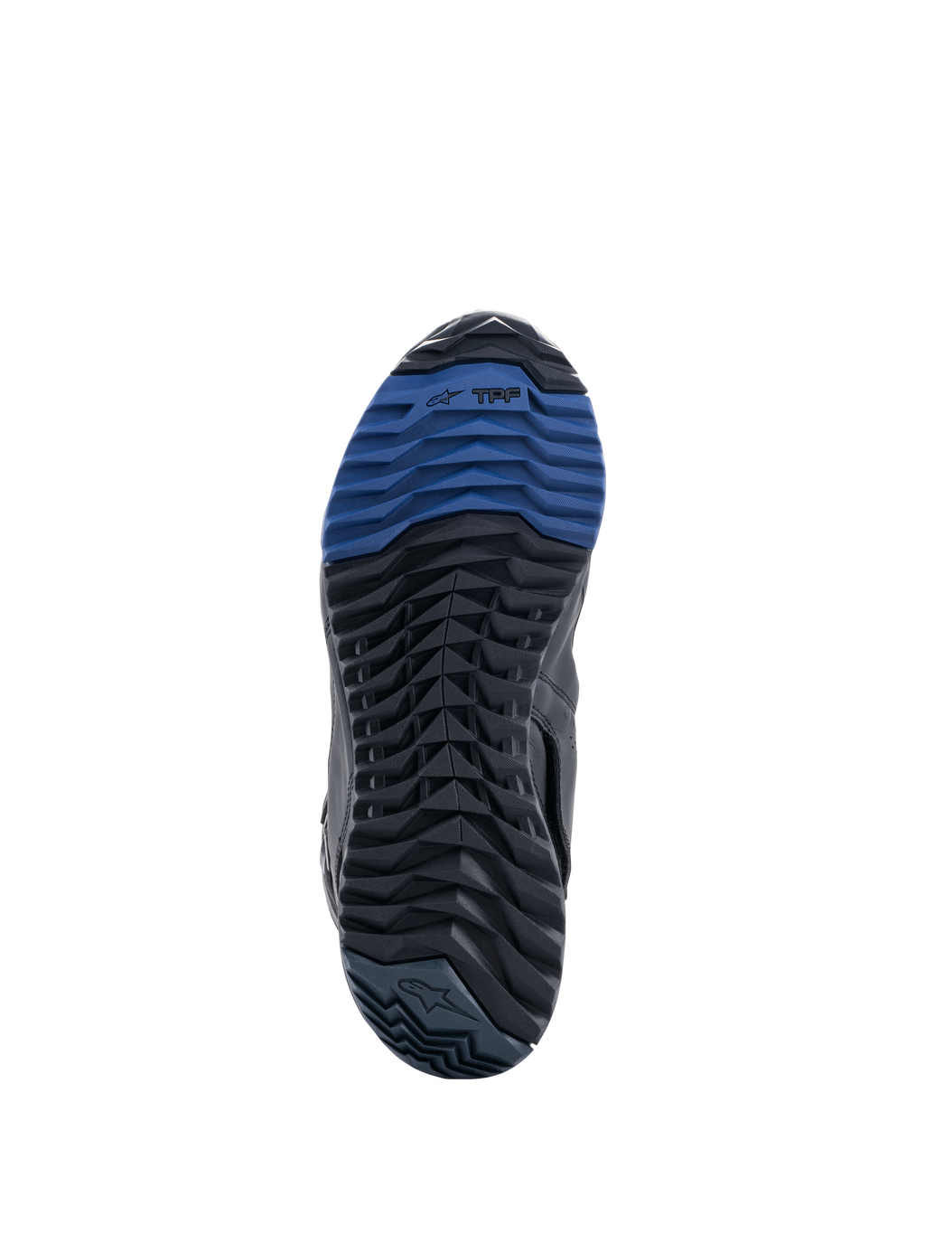 Alpinestars RT-8 GORE-TEX Boots, sole view showing black and blue rubber outsole, featuring a rugged lug pattern and TPF branding, designed for traction and walking comfort on adventure touring terrain.