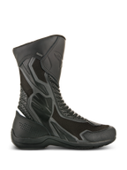 Alpinestars Air Plus V2 GORE-TEX Boots, Black Motorcycle Touring Boots, side view showing ventilated mesh and perforated leather construction, waterproof and breathable design, reinforced protection areas, sturdy rubber sole, GORE-TEX branding detail