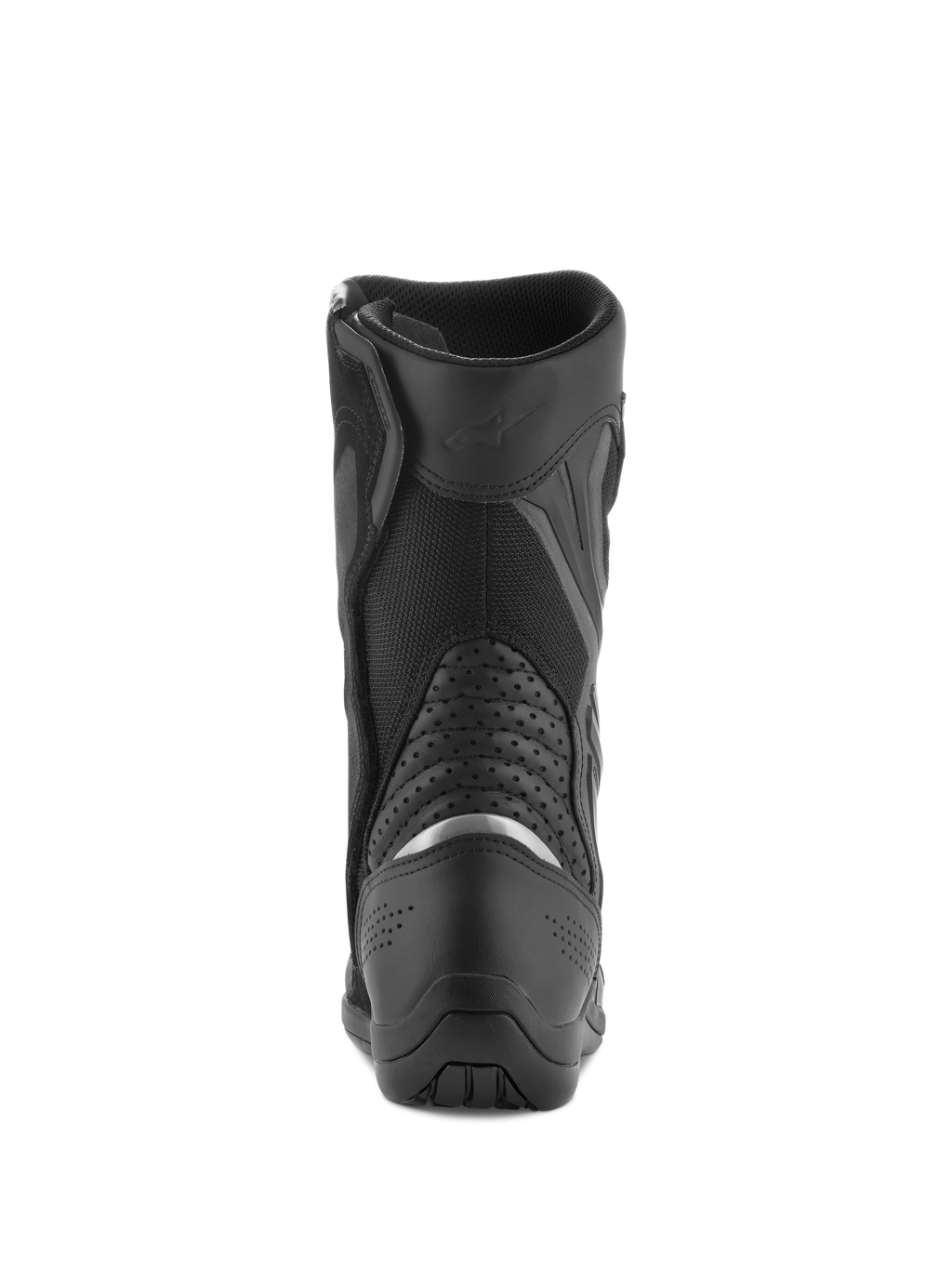 Alpinestars Air Plus V2 GORE-TEX Boots, Motorcycle Touring Boots, Black, rear view showing the heel and calf area, featuring a silver reflective insert, perforated leather accordion panels, and breathable mesh construction