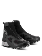 Alpinestars CR-8 GORE-TEX Shoes, Waterproof Motorcycle Riding Shoes, Black Mid Gray and Bright Red, featuring an angled zipper, high-cut stretch bootie construction, and durable lugged sole with camouflage pattern