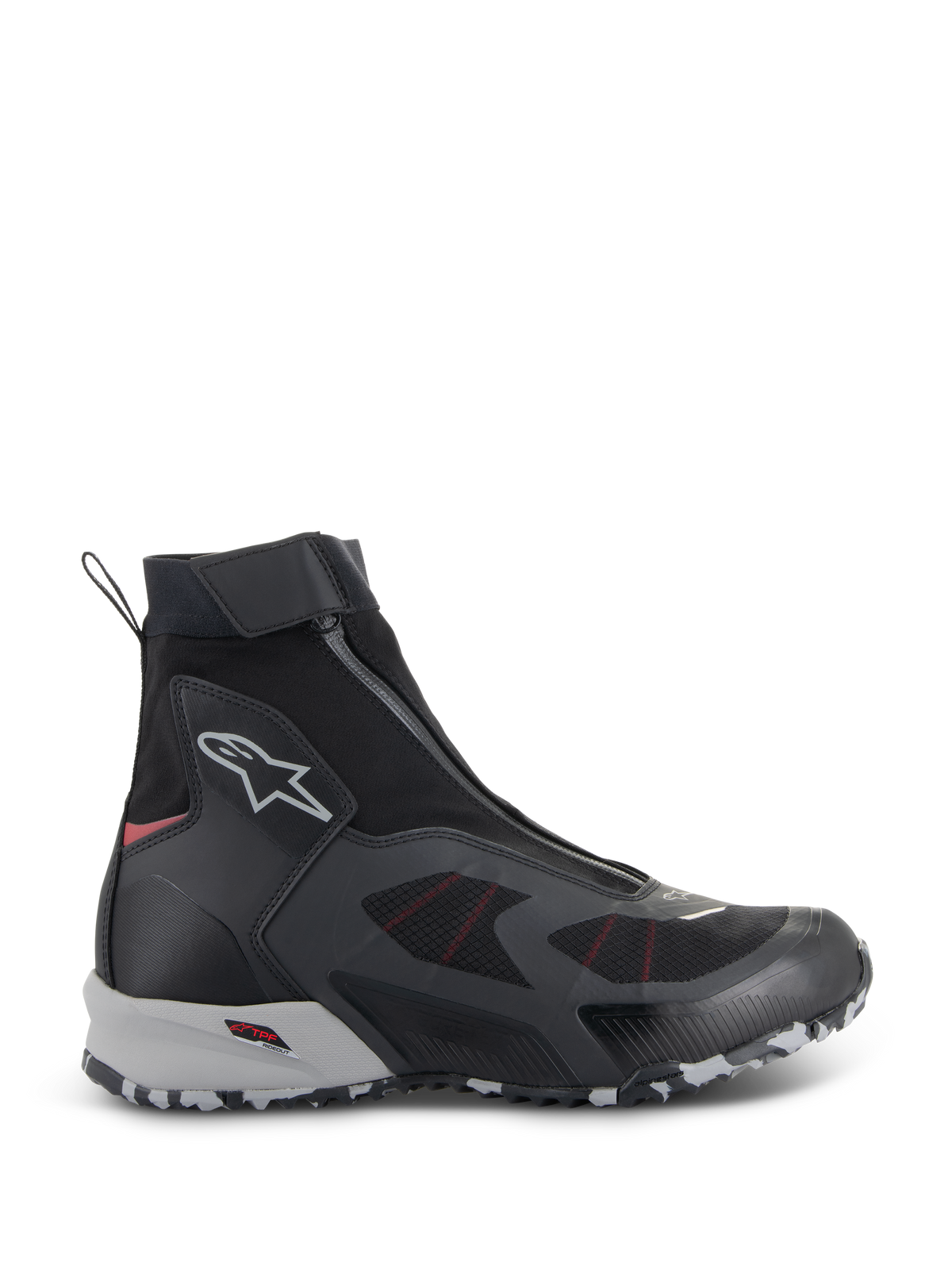 Alpinestars CR-8 GORE-TEX Shoes, Motorcycle Urban Riding Boots, Black and Gray, High-Top Design with Front Zipper, Red Accents, Waterproof and Breathable, Rugged White Sole with Textured Grip Pattern