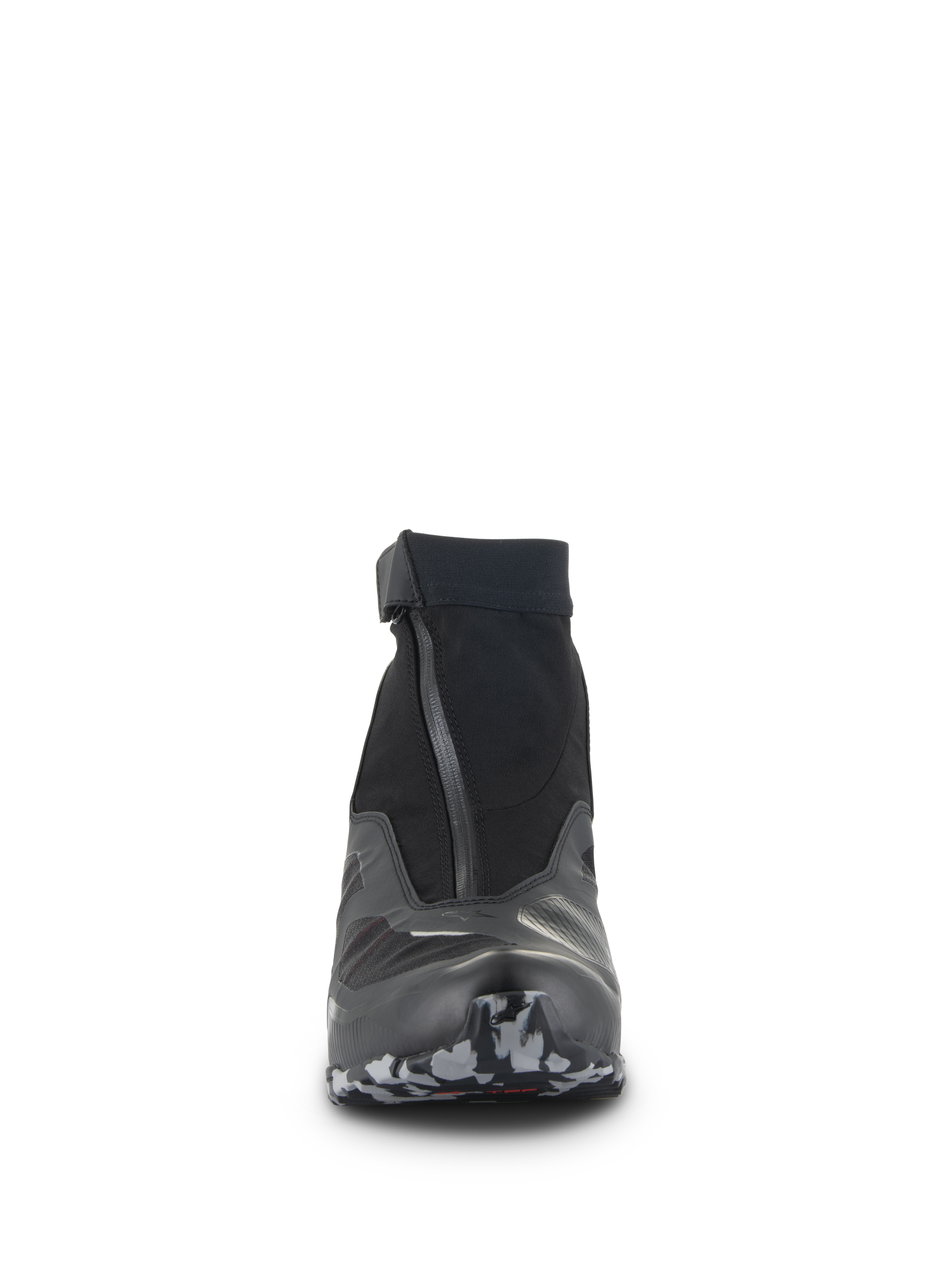 Alpinestars CR-8 GORE-TEX Shoes, Front view, Black and Dark Gray, high-cut motorcycle riding shoe featuring an angled waterproof zipper, elasticated collar, and textured sole tip, technical adventure touring footwear