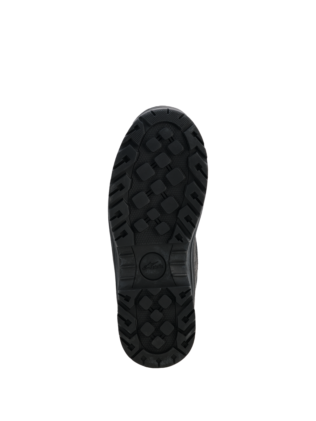 Alpinestars Woman Judy Waterproof Boots, Black motorcycle boots, bottom view of the rugged rubber outsole, textured tread pattern for enhanced grip and durability, featuring the Stella logo