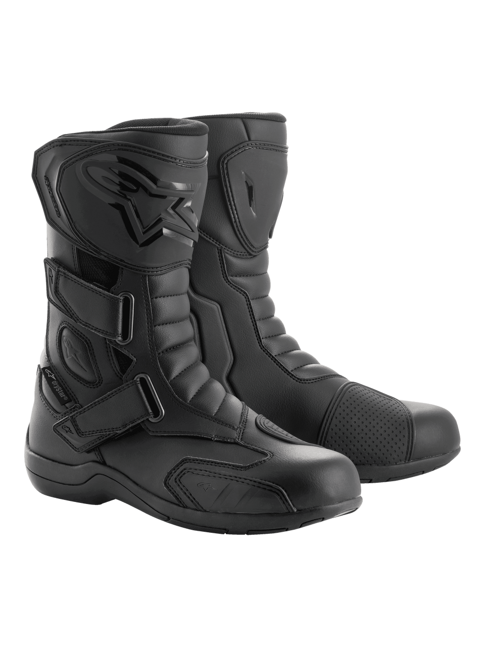 A pair of black Radon Drystar® Boots from Alpinestars EU with a sleek design, featuring reinforced ankles, shin plates, and adjustable straps. The boots boast a combination of smooth and textured leather panels along with a logo emblem on the outer side, providing both style and durable touring protection with 100% waterproofing.