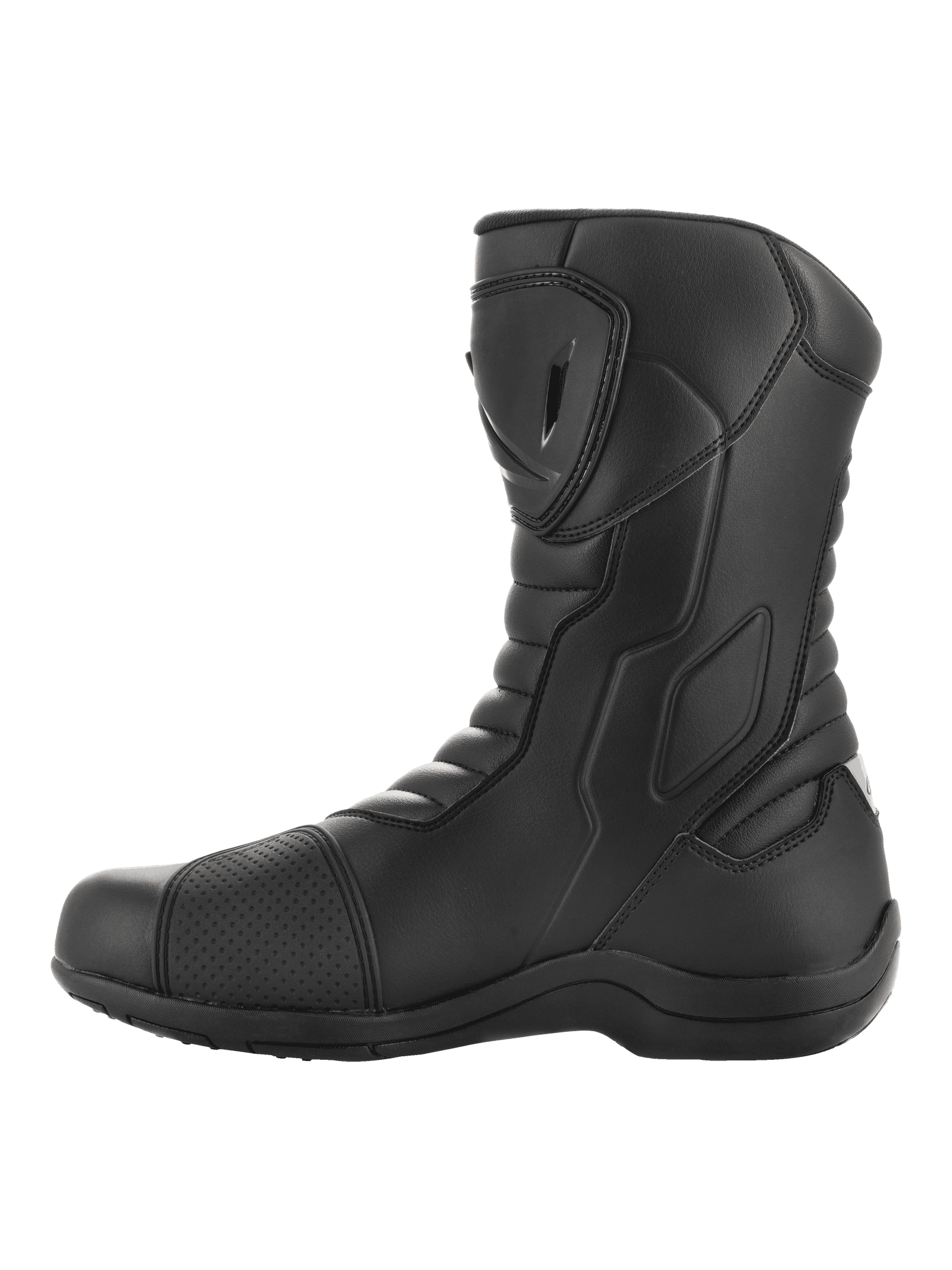 A pair of black Radon Drystar® Boots from Alpinestars EU with a sleek design, featuring reinforced ankles, shin plates, and adjustable straps. The boots boast a combination of smooth and textured leather panels along with a logo emblem on the outer side, providing both style and durable touring protection with 100% waterproofing.