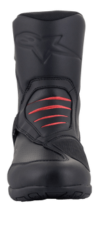 Alpinestars Ridge V2 Waterproof Boot, Black motorcycle touring boot, front view featuring red accordion flex panels on the instep, embossed logo on the shin, and durable microfiber construction for adventure and road riding.