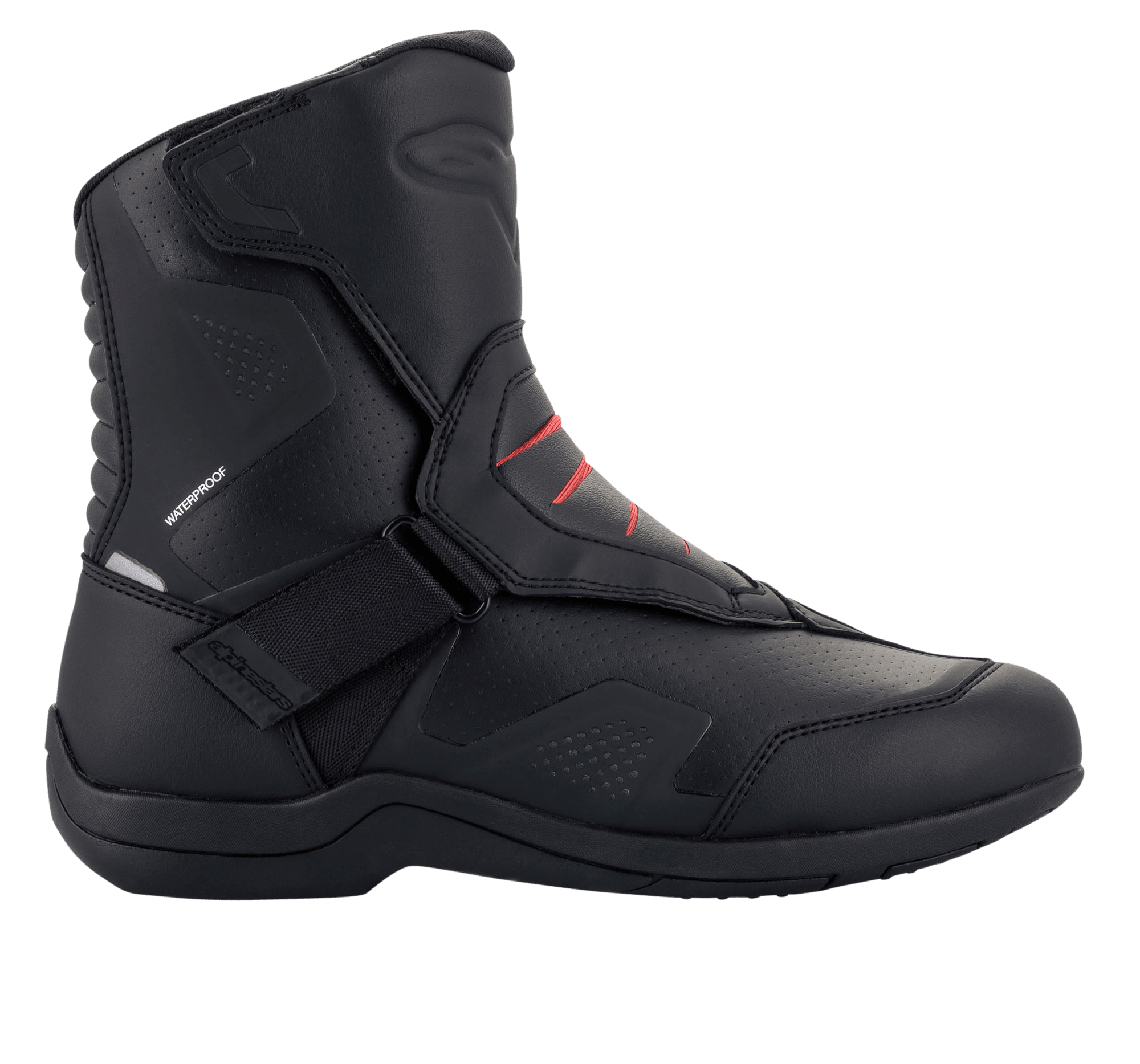 Alpinestars Ridge V2 Waterproof Boot, Black with Red Accents, Motorcycle Touring Boot, Mid-Calf Height, Velcro Strap Closure, Perforated Ventilation Panels, Reinforced Heel and Toe, Synthetic Leather Construction