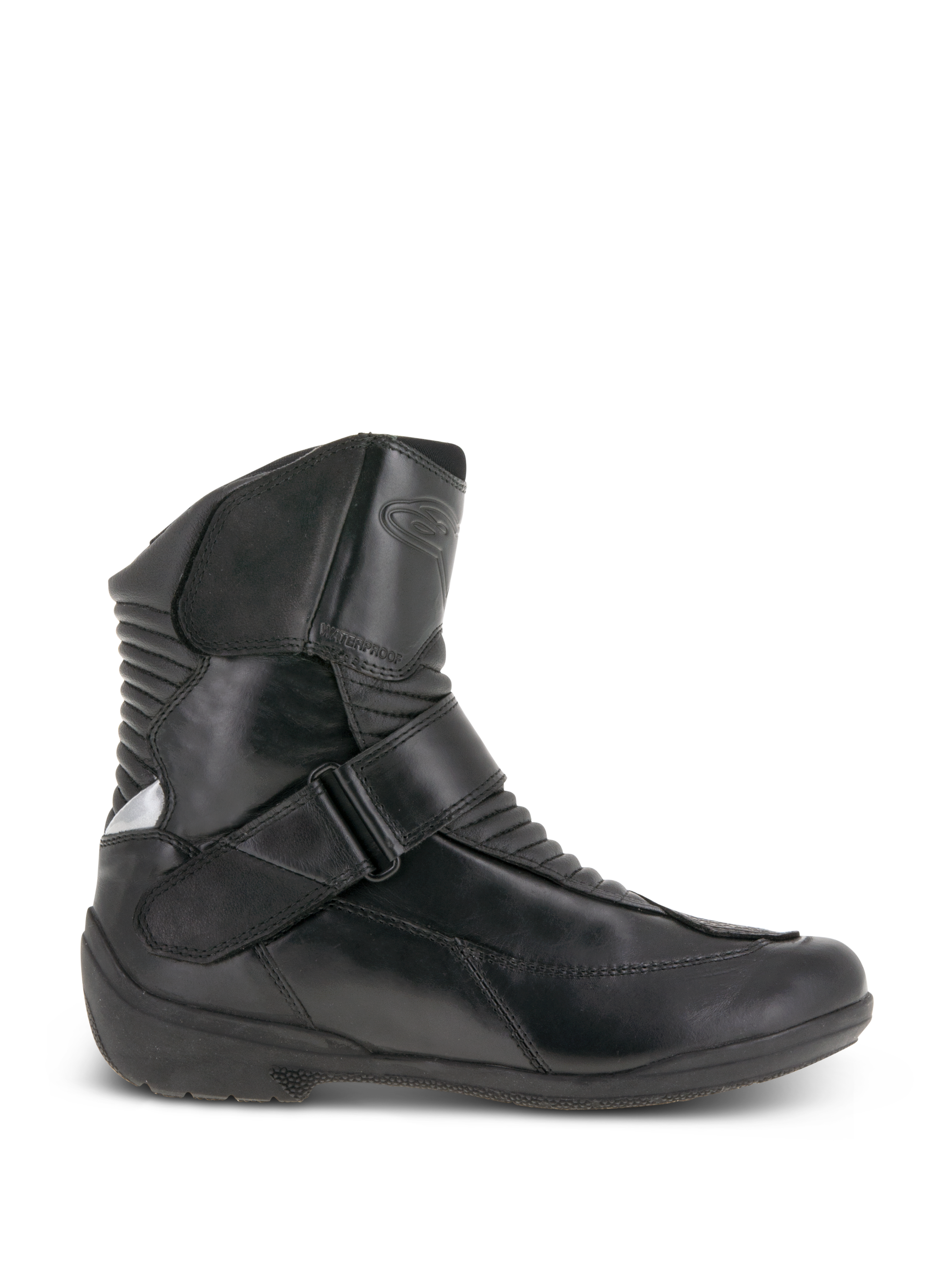 Alpinestars Stella Valencia Waterproof Boots, Women's Motorcycle Touring Boots, Black, side profile view, leather construction with front and rear accordion flex zones, instep buckle strap, and textured rubber sole.