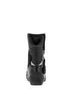 Alpinestars Women Stella Valencia Waterproof Boots, Black, rear view showing rear accordion flex zones, low-cut leather and suede motorcycle touring boots with textured heel