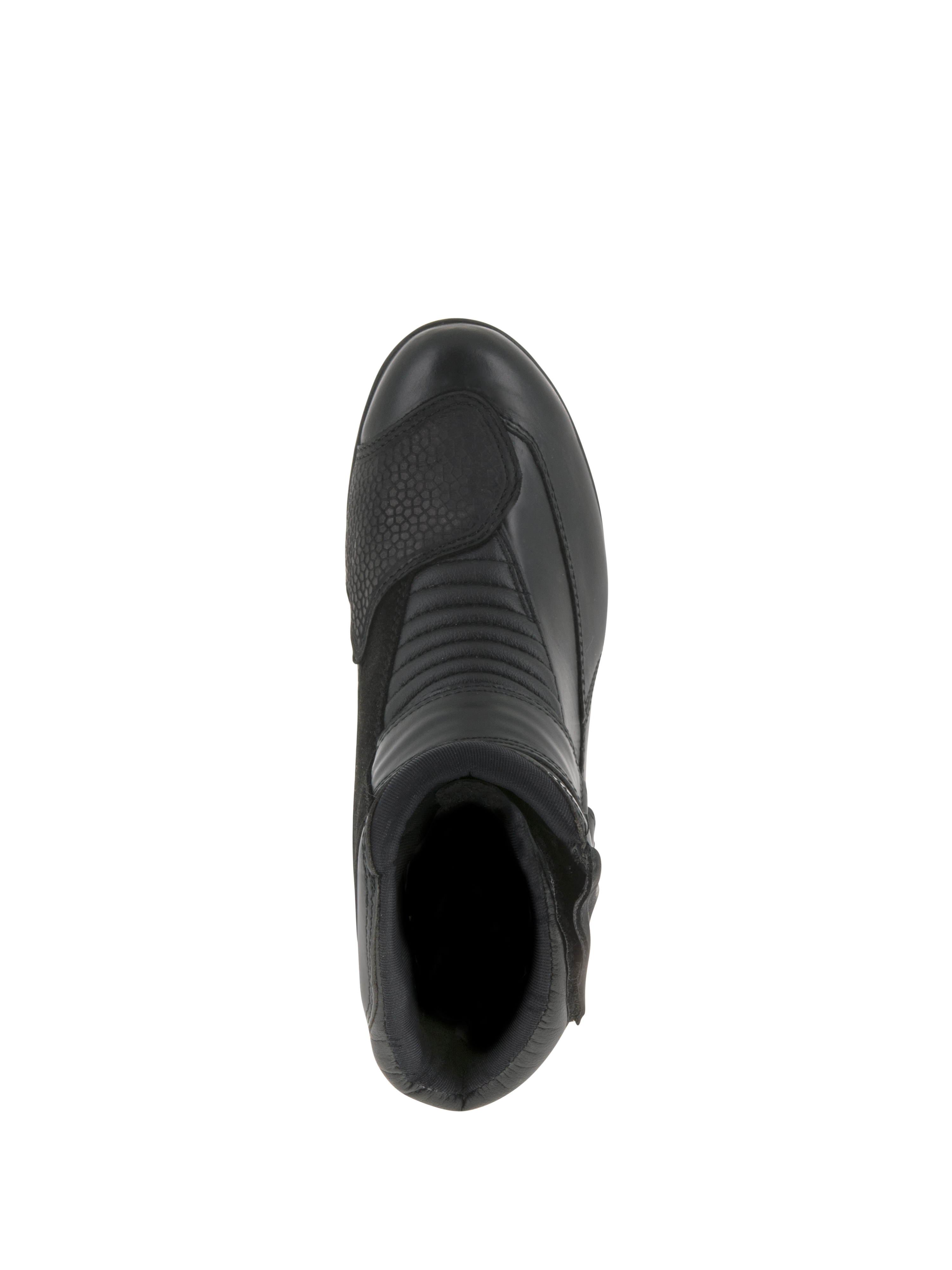 Alpinestars Women Stella Valencia Waterproof Boots, Motorcycle Boots, Black, top-down view highlighting accordion flex zones and textured shift pad, low-cut leather and suede design for touring