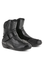 Alpinestars Women Stella Valencia Waterproof Boots, Black, Low-cut touring boots featuring leather and suede panels, accordion flex zones, and instep buckle strap, waterproof riding footwear for women