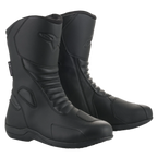 Alpinestars Origin Drystar® Boots, Black motorcycle touring boots, microfiber upper with front accordion flex zones, embossed Alpinestars logo on the calf, synthetic shift pad, sleek waterproof design for road and adventure riding