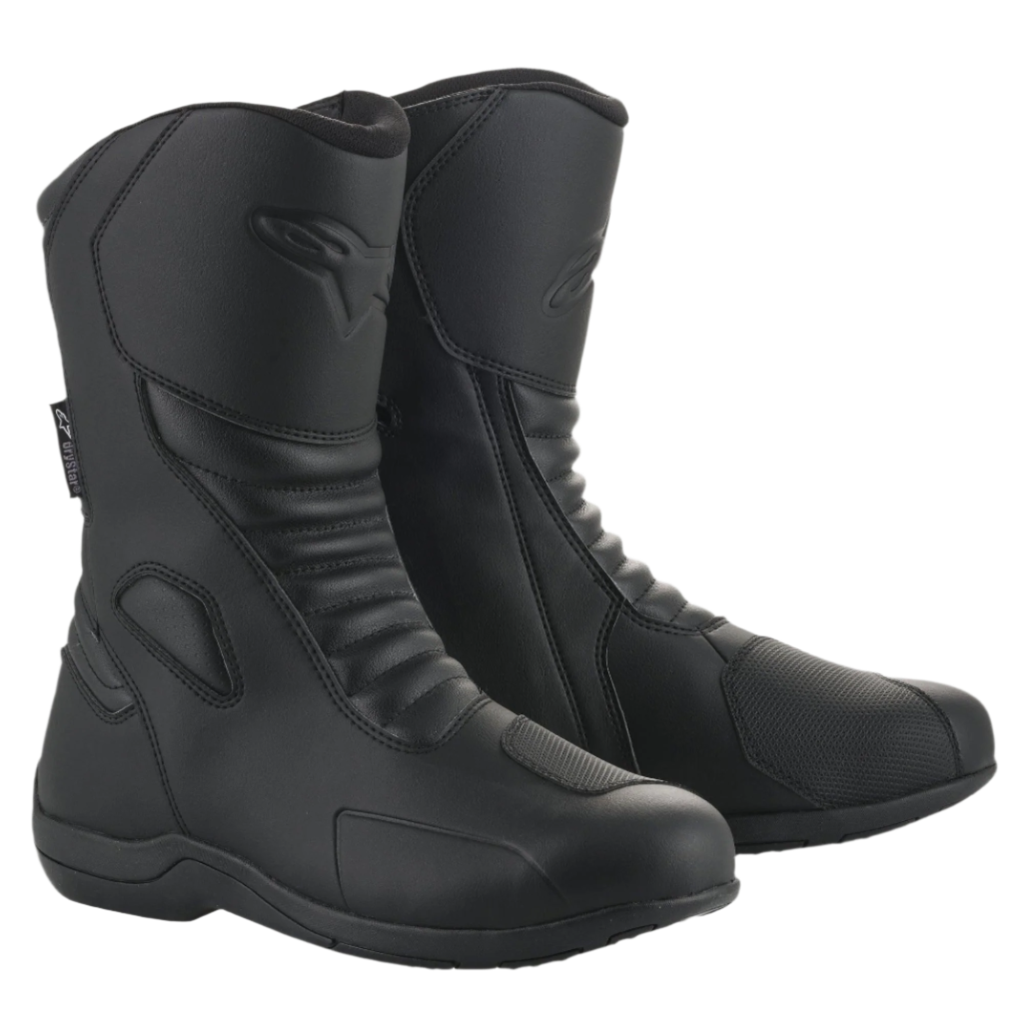 Alpinestars Origin Drystar® Boots, Black motorcycle touring boots, microfiber upper with front accordion flex zones, embossed Alpinestars logo on the calf, synthetic shift pad, sleek waterproof design for road and adventure riding