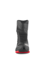 Alpinestars RT-7 Drystar® Boots, Motorcycle Touring Boots, Black and Red, front view, featuring a reinforced toe box, 3D print shift pad, and bright red lugged sole, waterproof adventure riding footwear design.