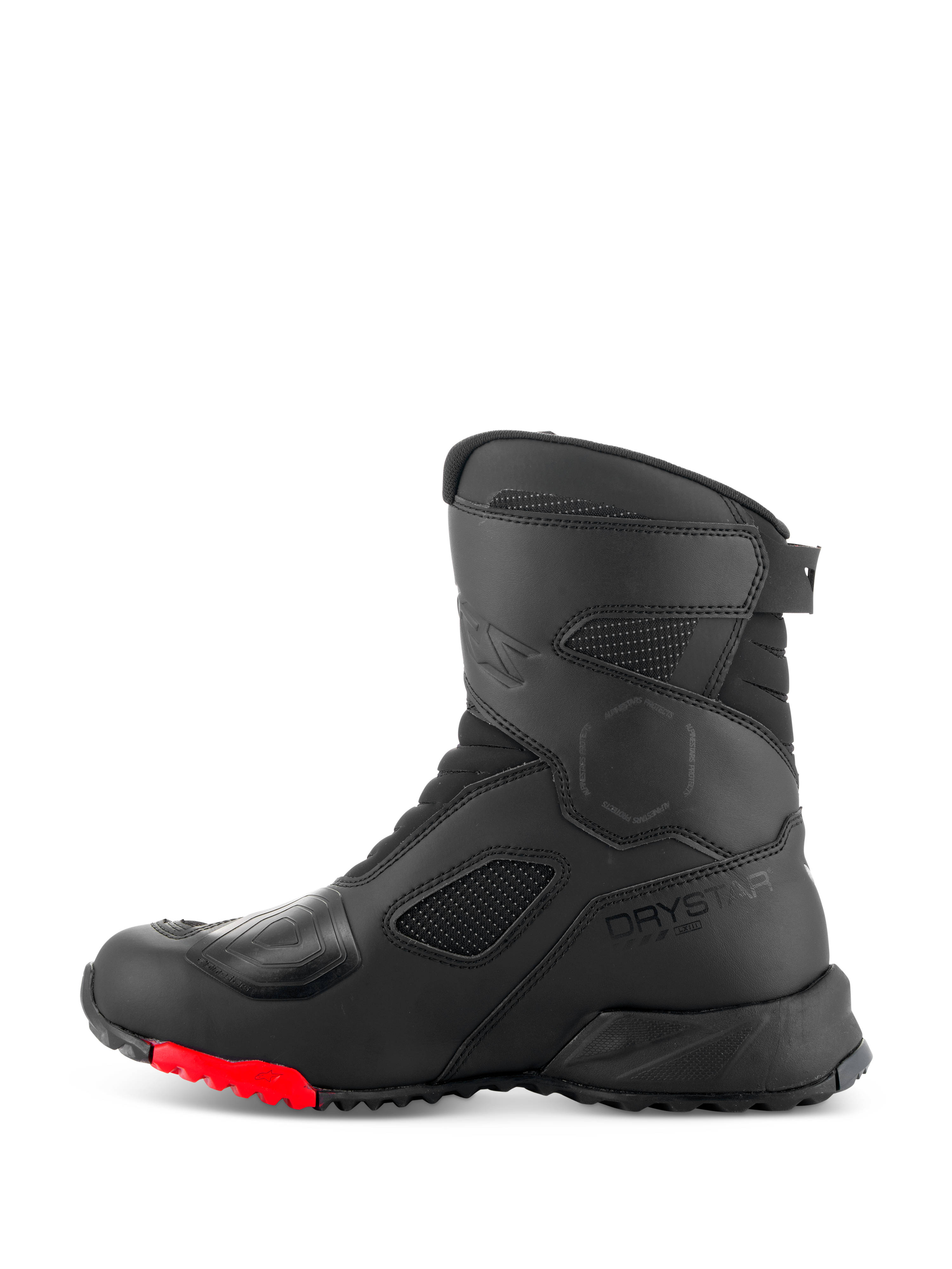 Alpinestars RT-7 Drystar® Boots, Motorcycle Touring Boots, Black and Red, side profile view featuring Drystar logo, reinforced shift pad, and durable lugged sole with red accents for adventure riding.