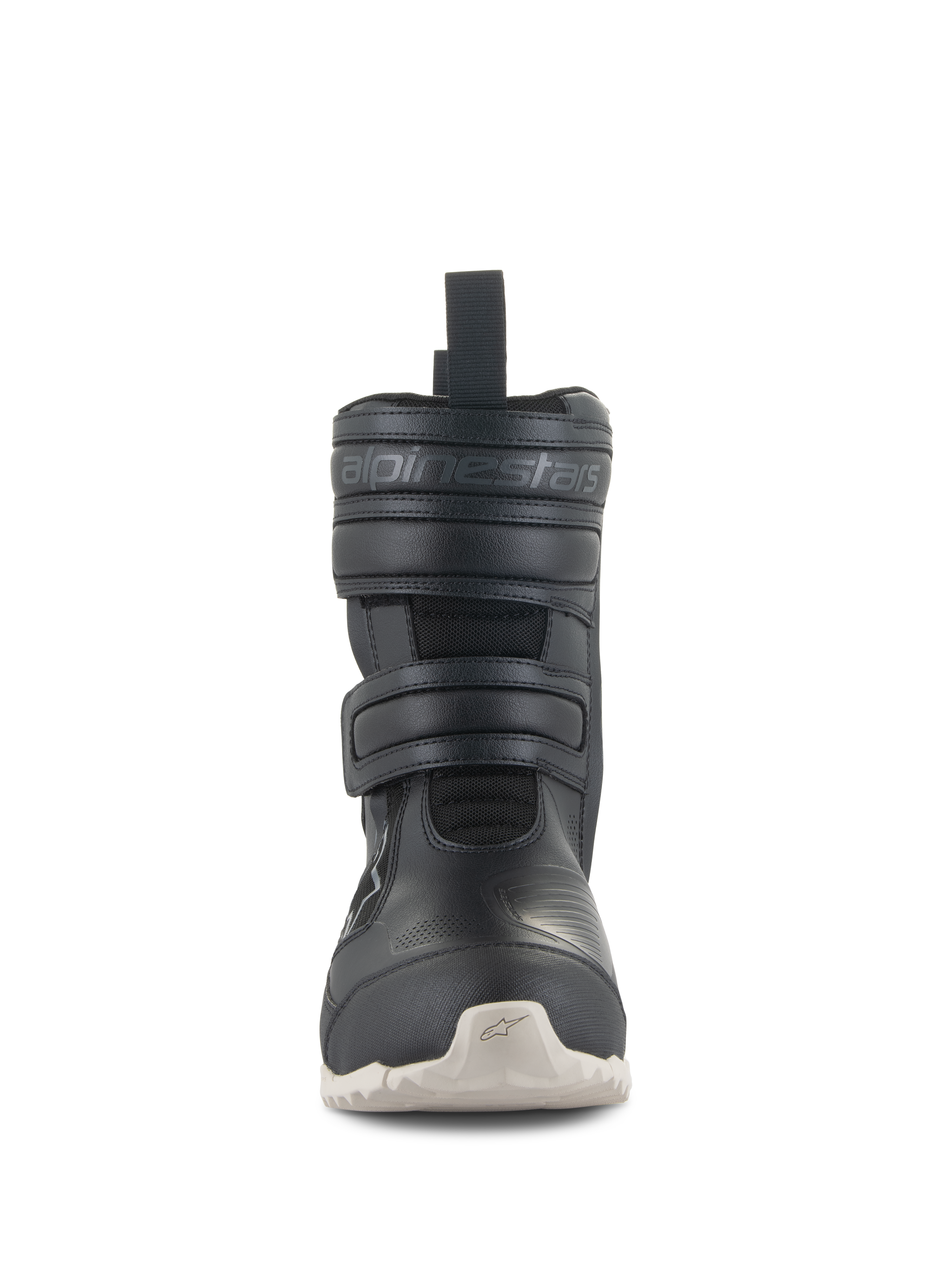 Alpinestars Stella RT-7 Touring Drystar® Boots, Women's Motorcycle Touring Boots, Black, front-facing view featuring double Velcro strap closures, embossed Alpinestars branding, technical microfiber upper, and light-colored lugged outsole