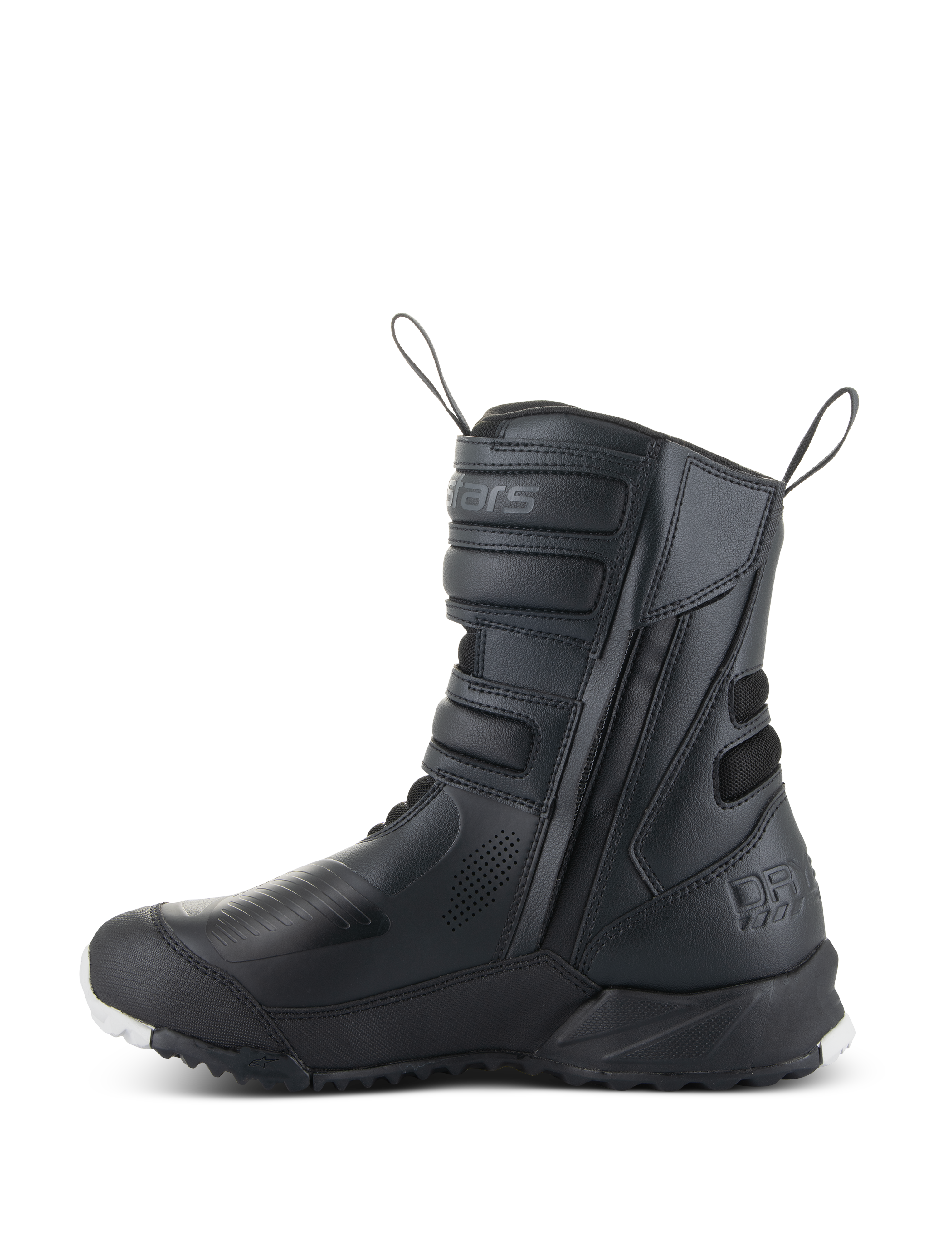 Alpinestars Women Stella RT-7 Touring Drystar® Boots, Women's Motorcycle Touring Boots, Black, side profile view showing double-zip entry, Velcro strap adjusters, reinforced protection zones, and rugged sole for adventure riding