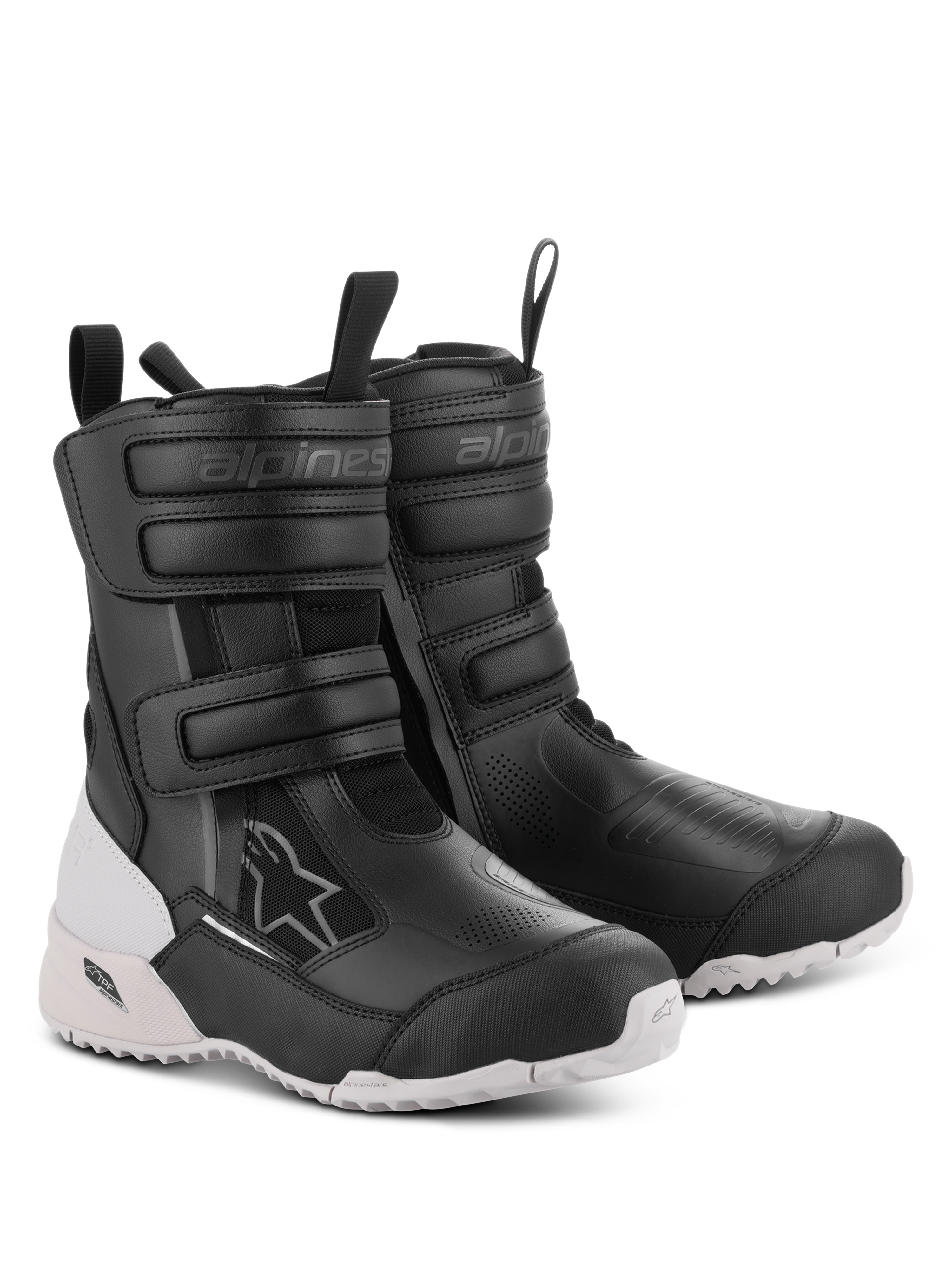 Alpinestars Women Stella RT-7 Touring Drystar Boots, Motorcycle Boots, Black and White, featuring dual velcro straps and double-zip entry, durable microfiber and textile construction, white rugged lug sole with TPF protection, adventure-ready design