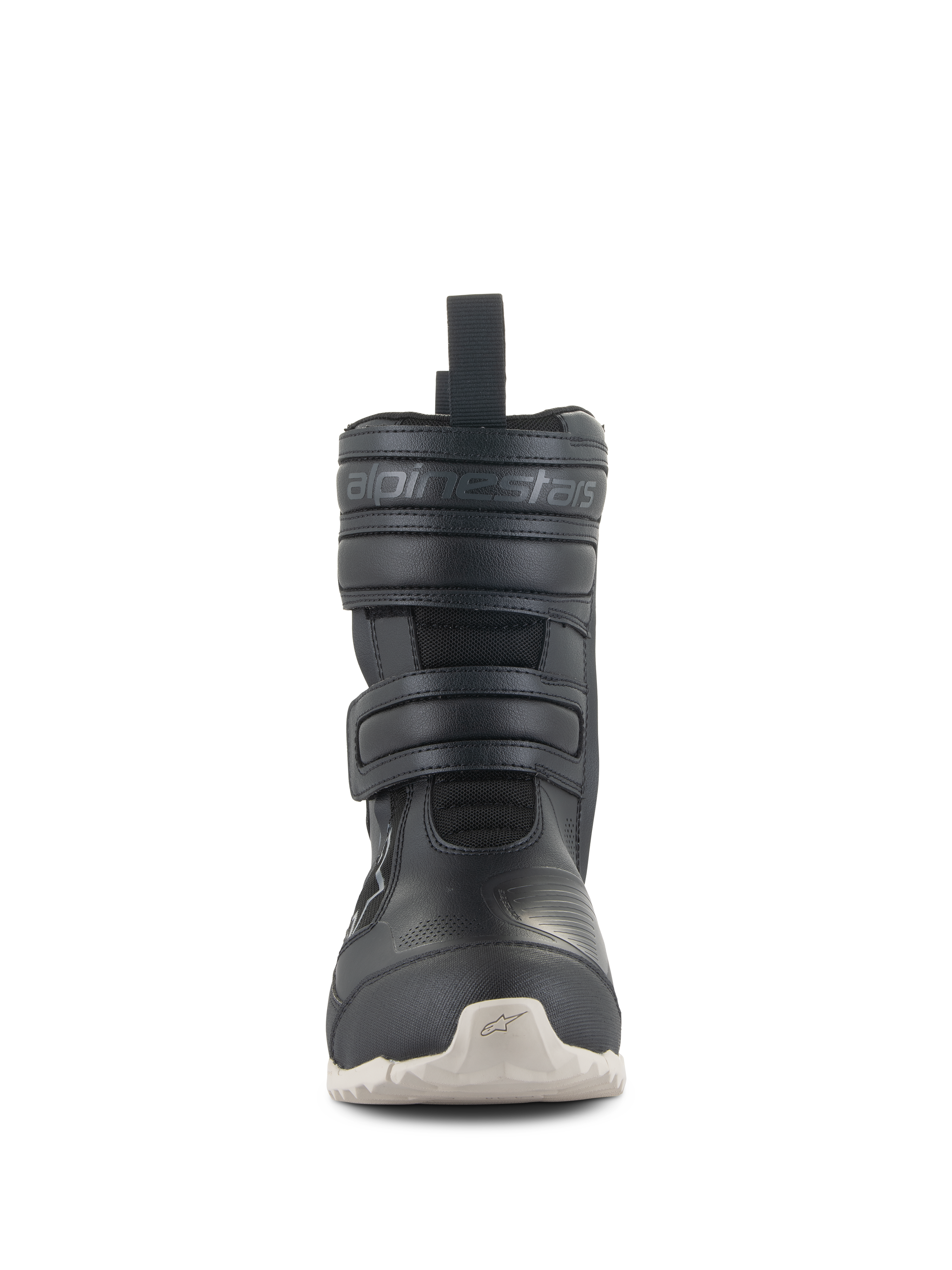 Alpinestars Women's Stella RT-7 Touring Drystar® Boots, black motorcycle touring boots with white sole, front view showing dual Velcro strap closures and embossed Alpinestars logo, technical design for road and adventure riding