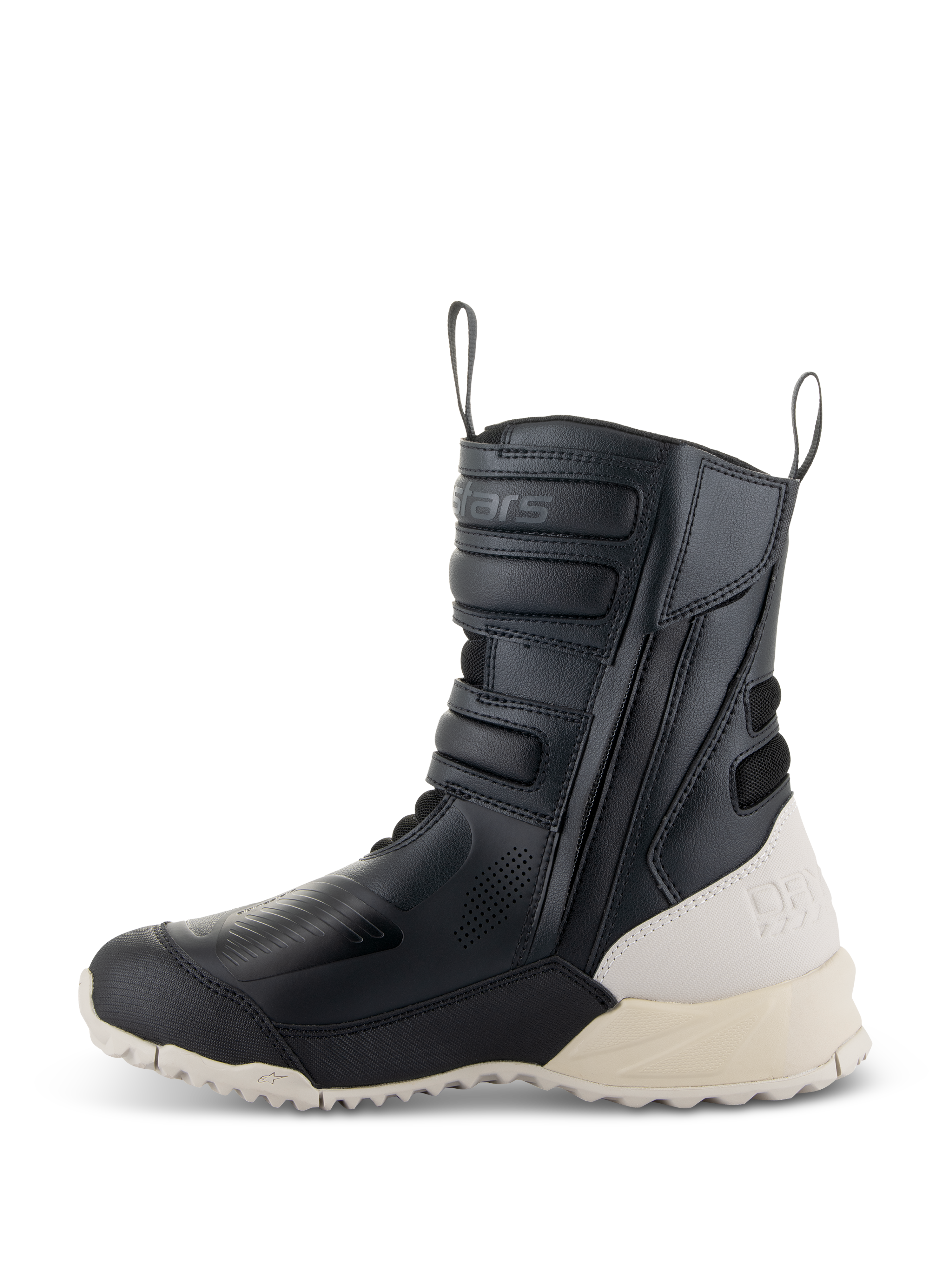 Alpinestars Women Stella RT-7 Touring Drystar® Boots, Black and White, lateral profile of a tall touring motorcycle boot featuring microfiber construction, side zipper with adjustable straps, and a contrasting off-white heel and sole.