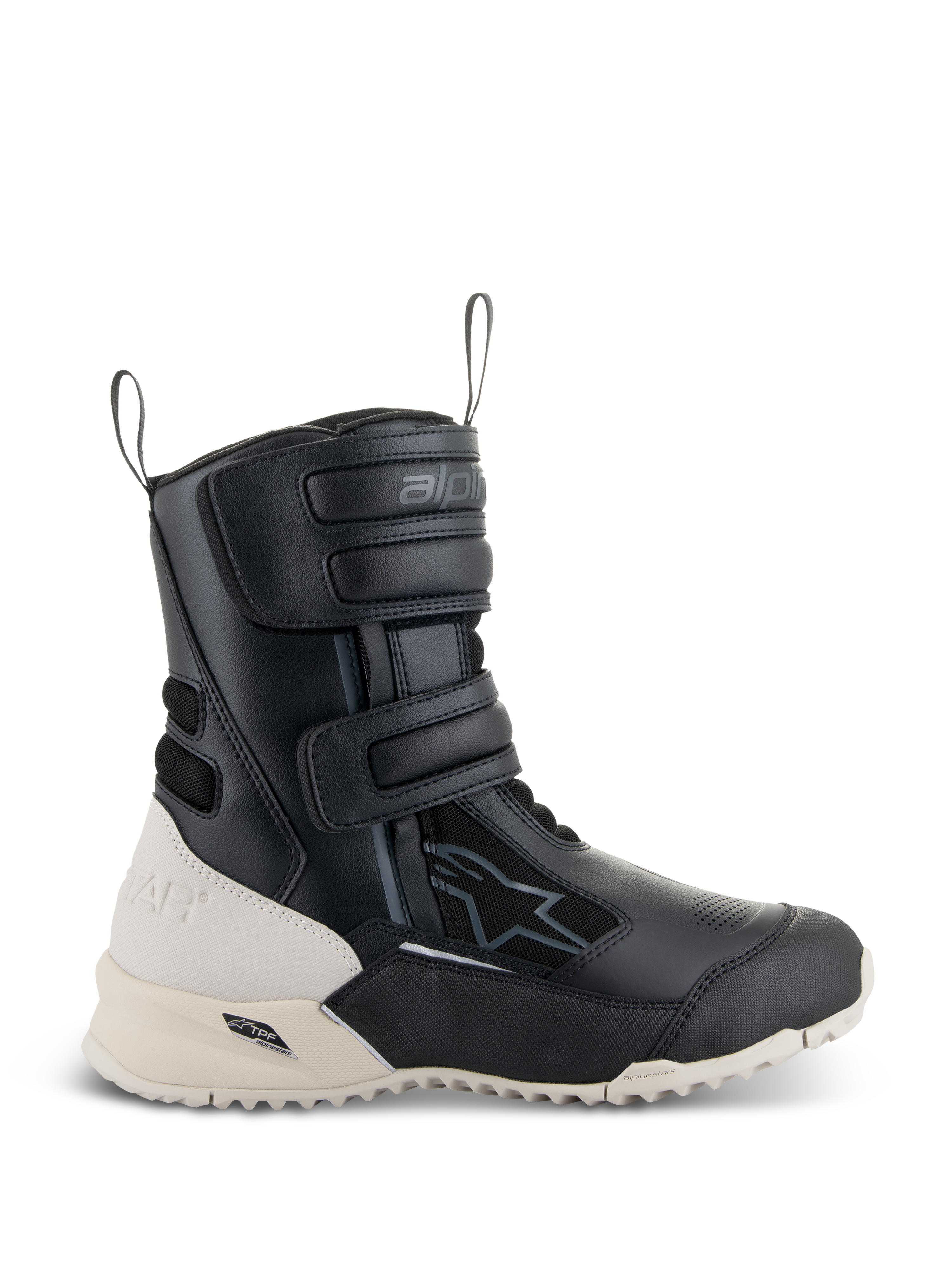 Alpinestars Women Stella RT-7 Touring Drystar Boots, Motorcycle Touring Boots, Black and White, featuring three adjustable Velcro straps, front and rear pull loops, and a rugged lug outsole with TPF support frame