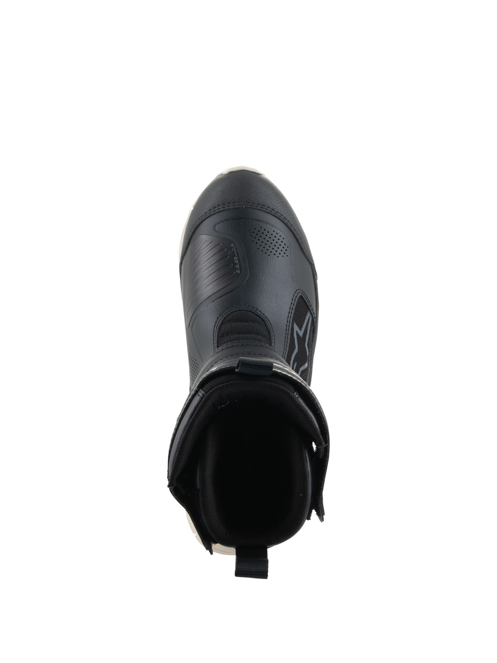 Alpinestars Stella RT-7 Touring Drystar® Boots, Women's Motorcycle Touring Boots, Black and White, top-down view looking into the boot opening, featuring a padded collar, rear pull tab, and durable microfiber upper with Alpinestars branding.