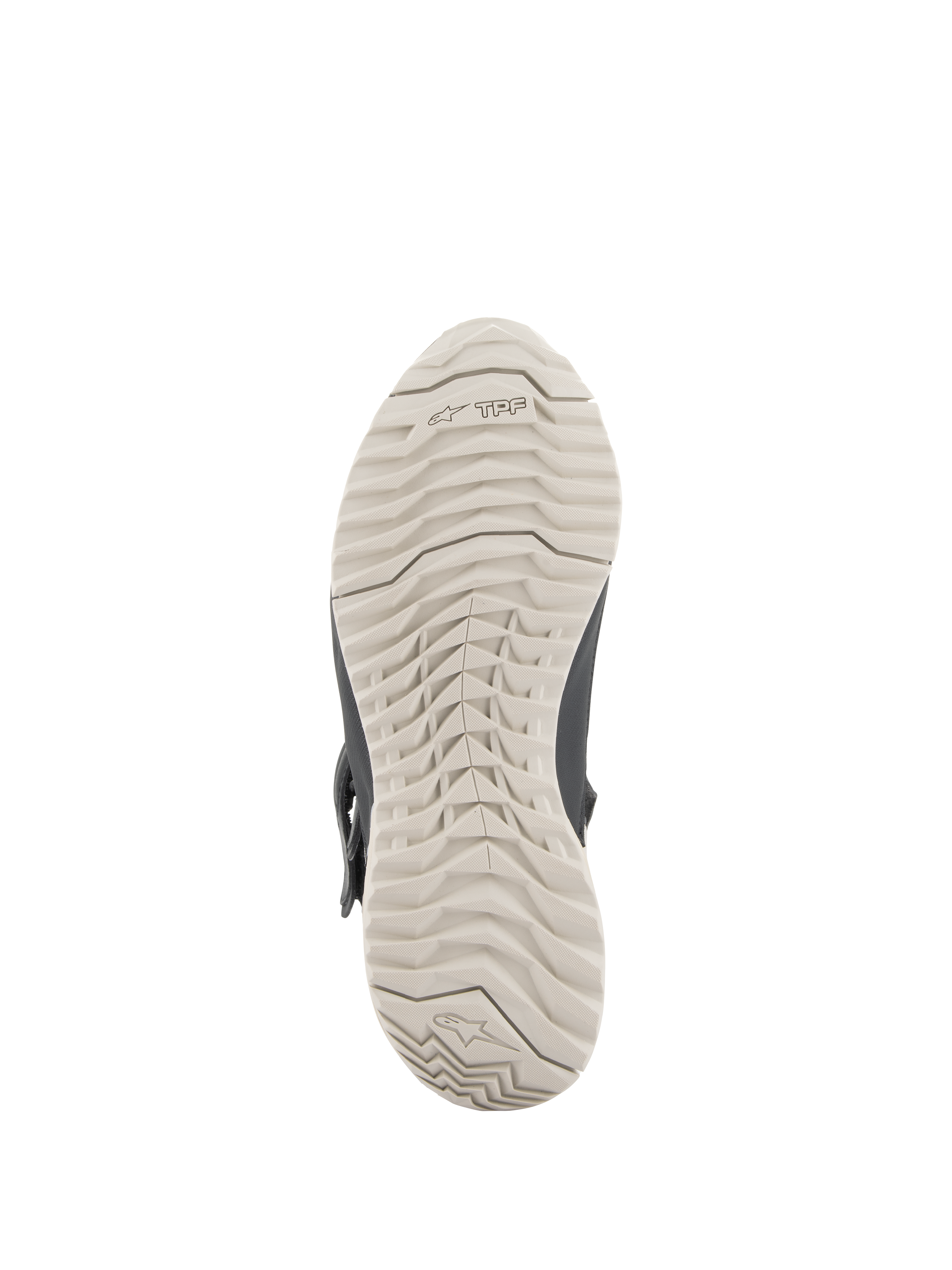 Alpinestars Women's Stella RT-7 Touring Drystar® Boots, Outsole view, light gray rubber sole with a durable lug pattern and TPF logo, engineered for traction and transversal protection frame support