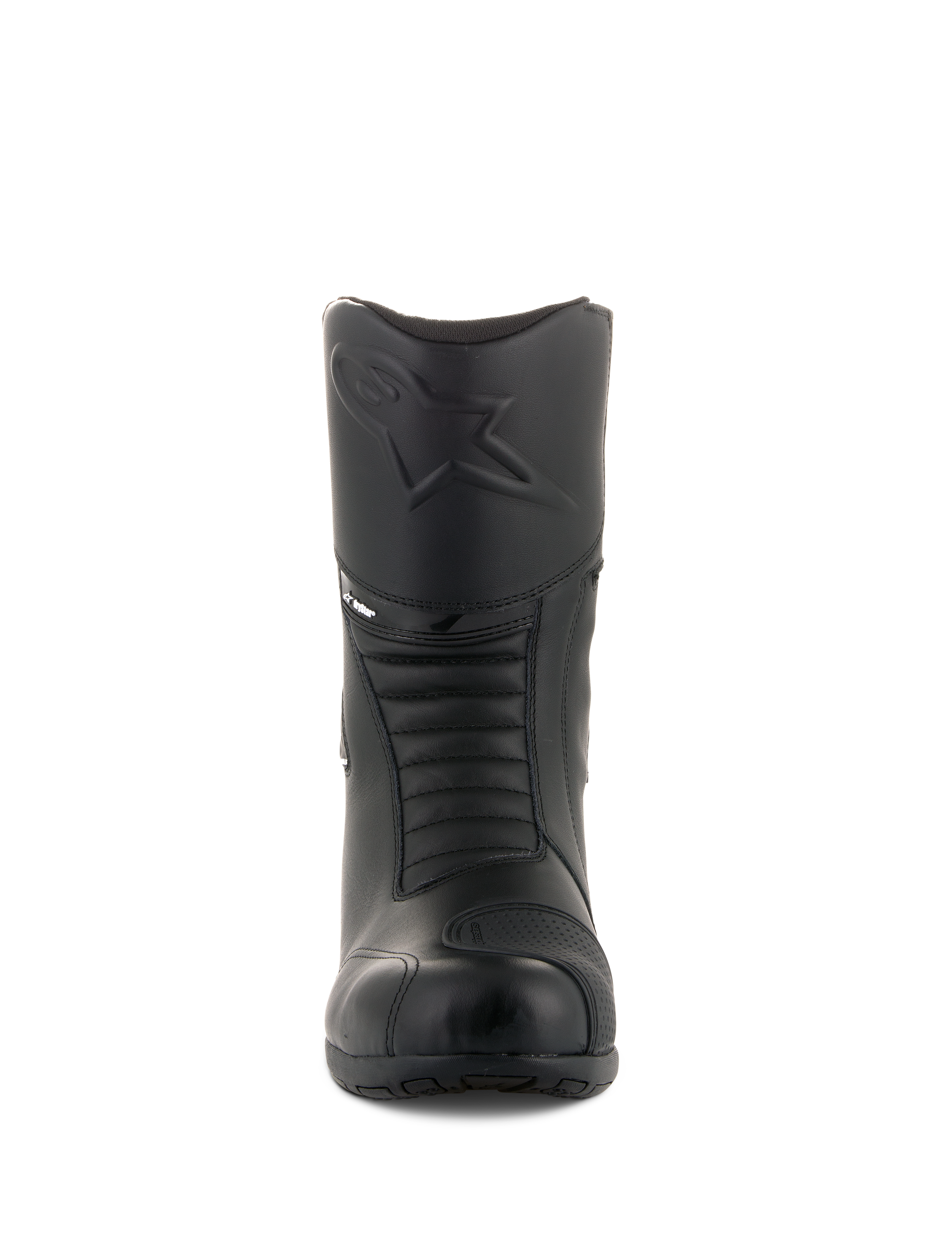 Alpinestars Andes V2 Drystar® Boots, Black Touring Motorcycle Boots, Front view showing embossed Alpinestars logo on the shin, accordion flex zones for movement, leather construction with a textured shift pad