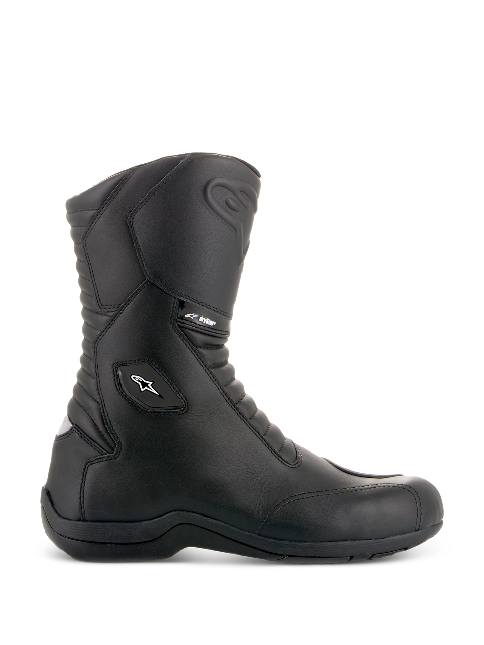 Alpinestars Andes V2 Drystar Boots, Black Motorcycle Touring Boots, High Shaft Design, Waterproof Leather Construction, Front and Rear Accordion Flex Panels, White Star Logo and Drystar Branding, Sturdy Black Sole, Protective Reinforced Ankle and Toe