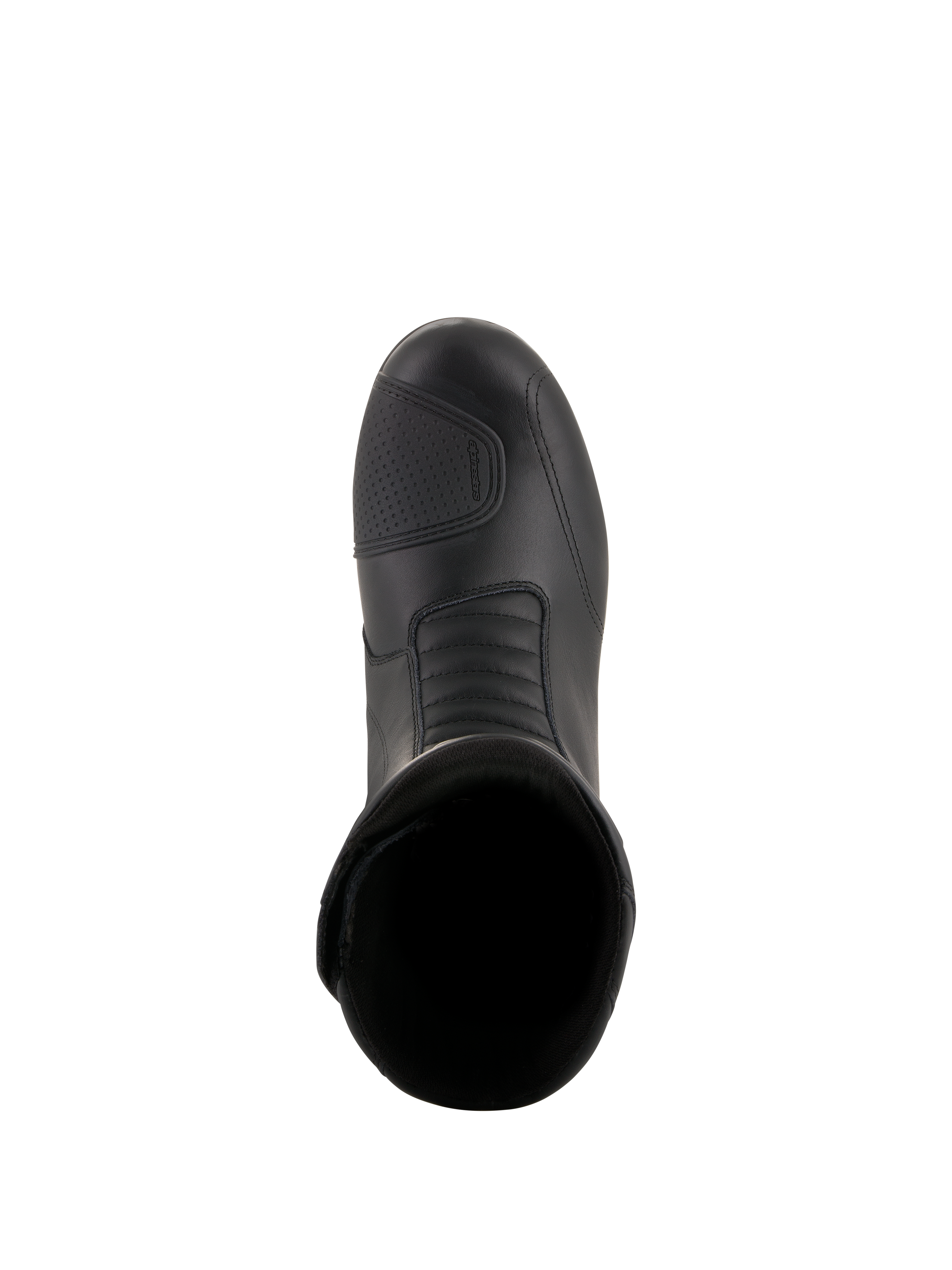 Alpinestars Andes V2 Drystar® Boots, Black motorcycle touring boots, top-down view featuring leather upper, textured shift pad, and front accordion flex zone for waterproof adventure riding.