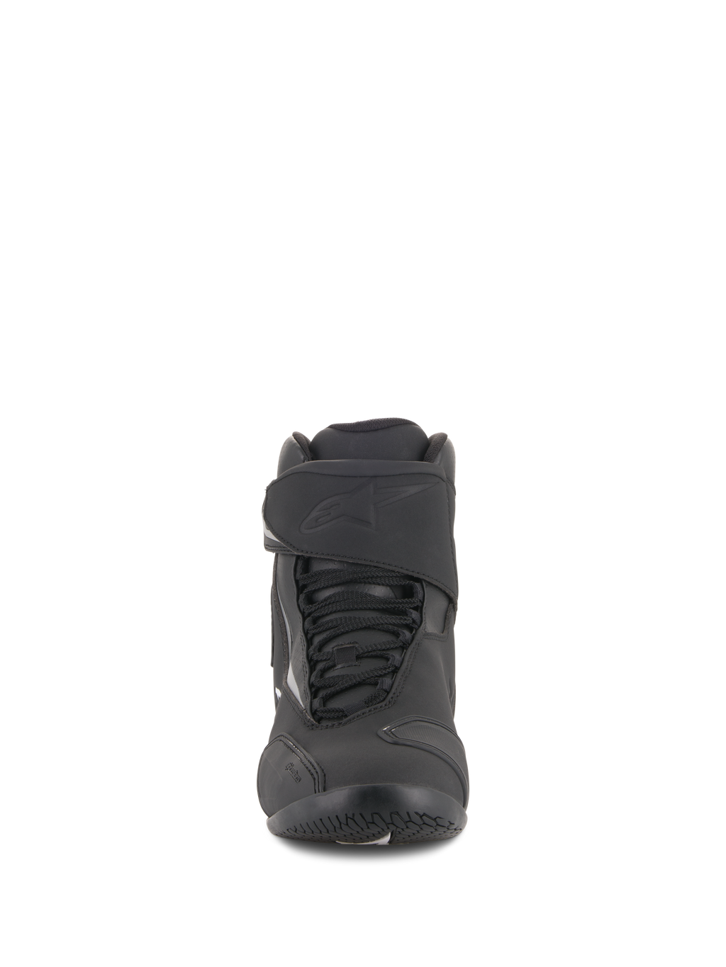 Alpinestars Fastback 2 Drystar® Waterproof Shoes, Black and White, front view featuring lace system with adjustable hook-and-loop strap, embossed logo, durable leather and microfiber construction for road riding