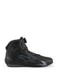 Alpinestars Celer Shoes, Motorcycle Riding Shoes, Black and Dark Gray, side profile view showing the Rotor Closure System dial on the tongue, technical microfiber upper with gray Alpinestars logo, streamlined sport and racing profile