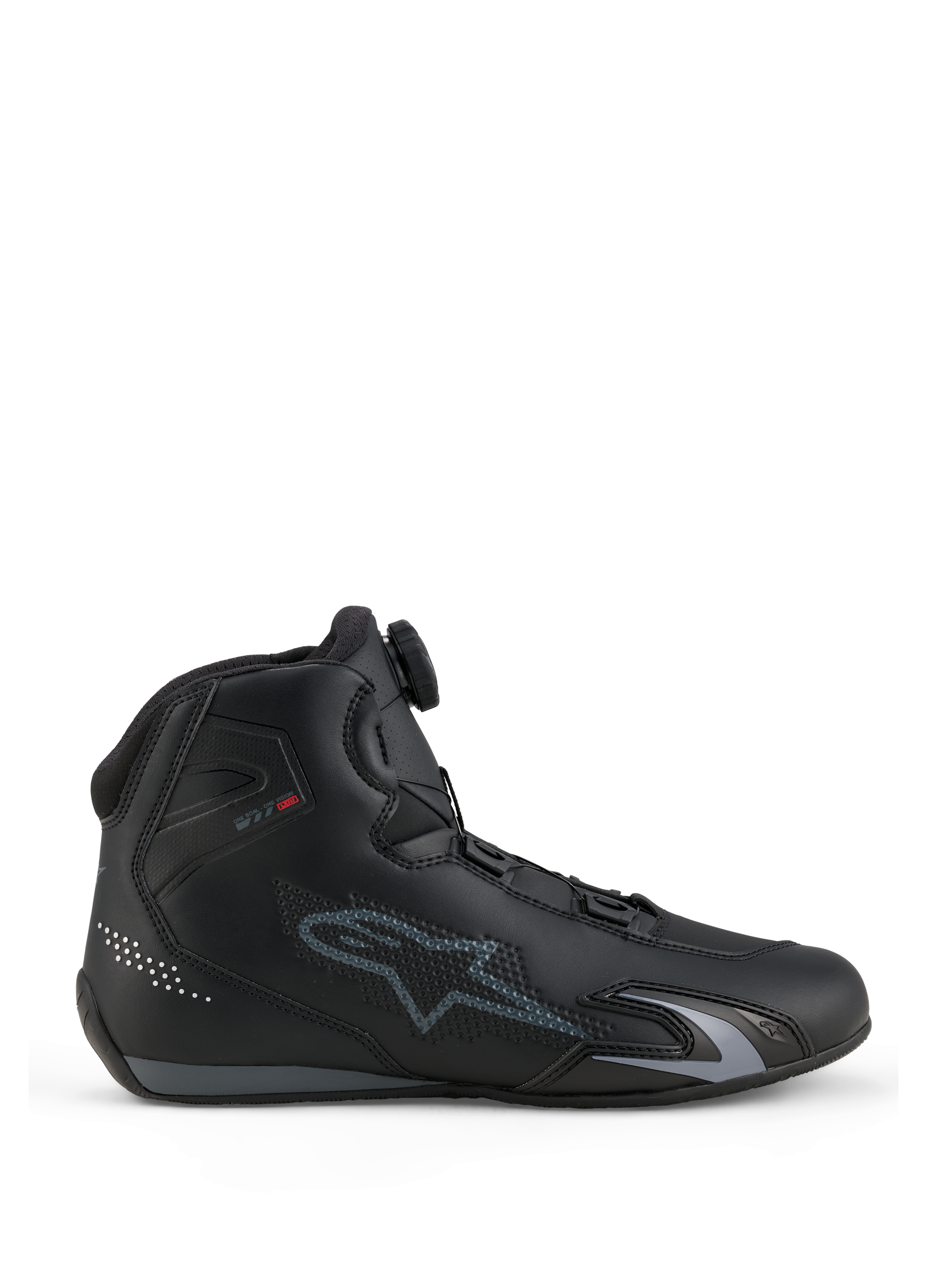 Alpinestars Celer Shoes, Motorcycle Riding Shoes, Black and Dark Gray, side profile view showing the Rotor Closure System dial on the tongue, technical microfiber upper with gray Alpinestars logo, streamlined sport and racing profile